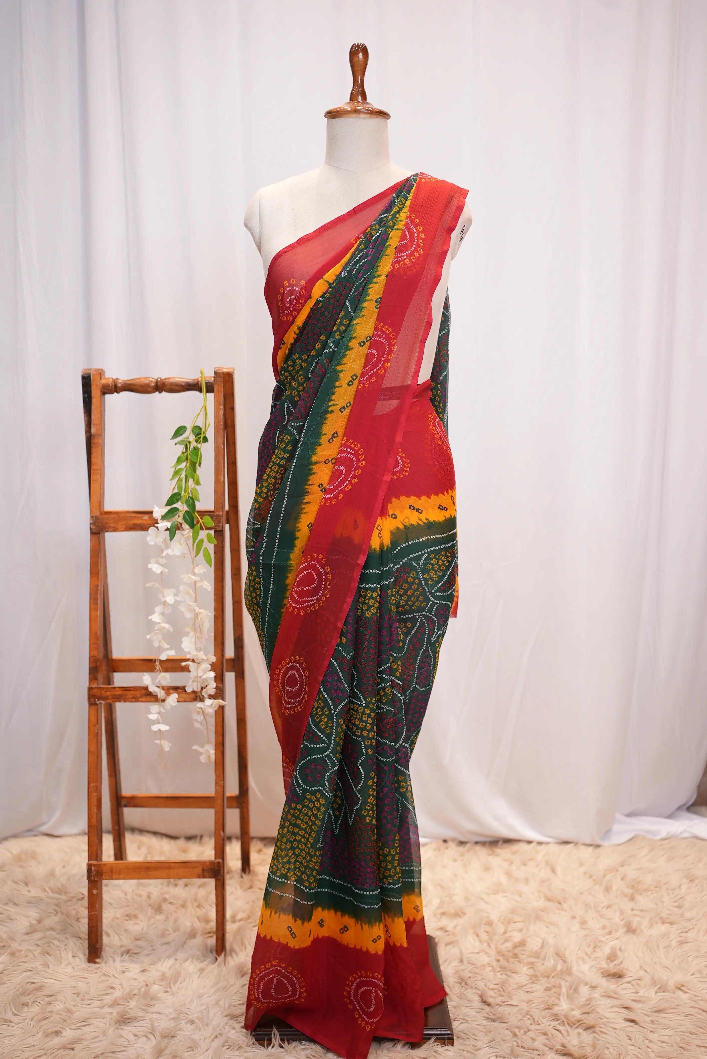 Royal Chiffon Multishade Shekhawati Bandhani Saree (Without Blouse)