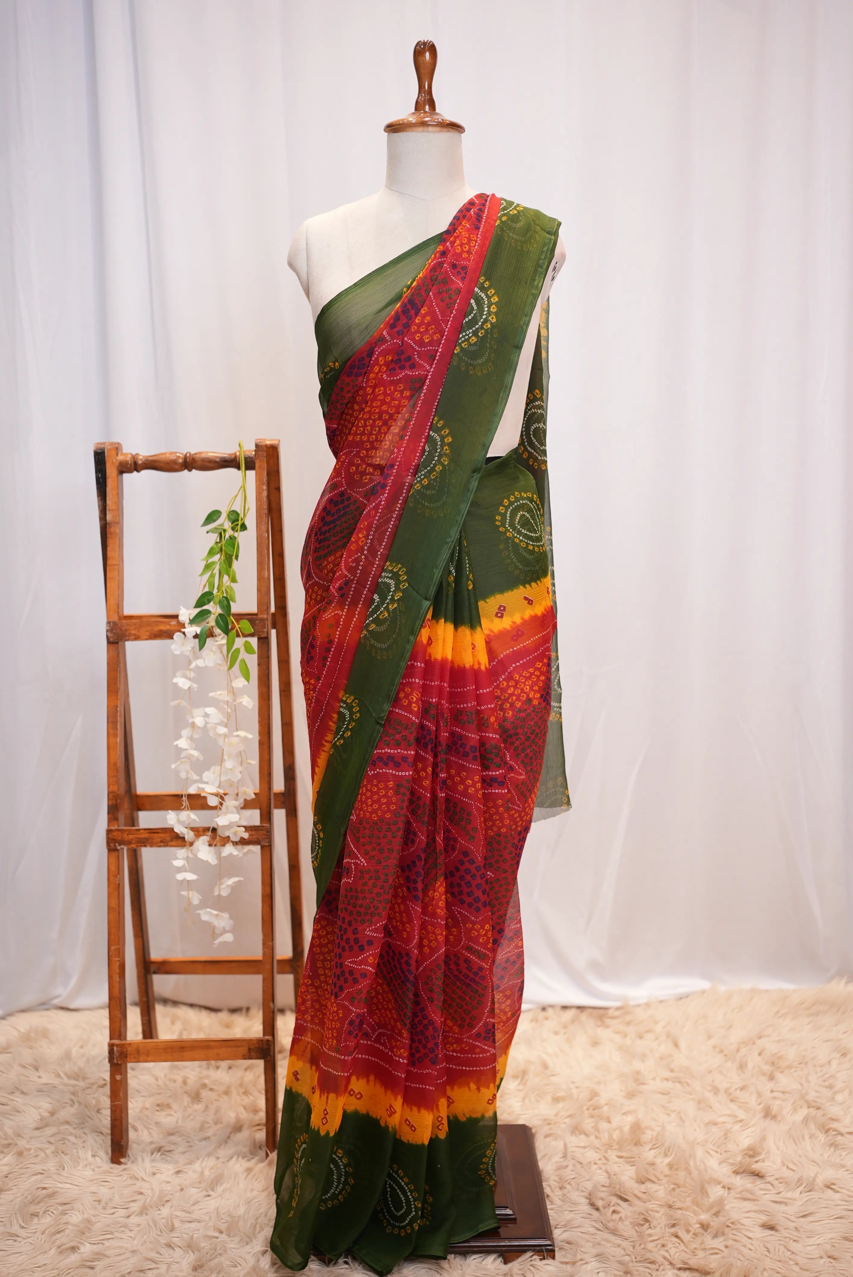 Royal Chiffon Multishade Shekhawati Bandhani Saree (Without Blouse)