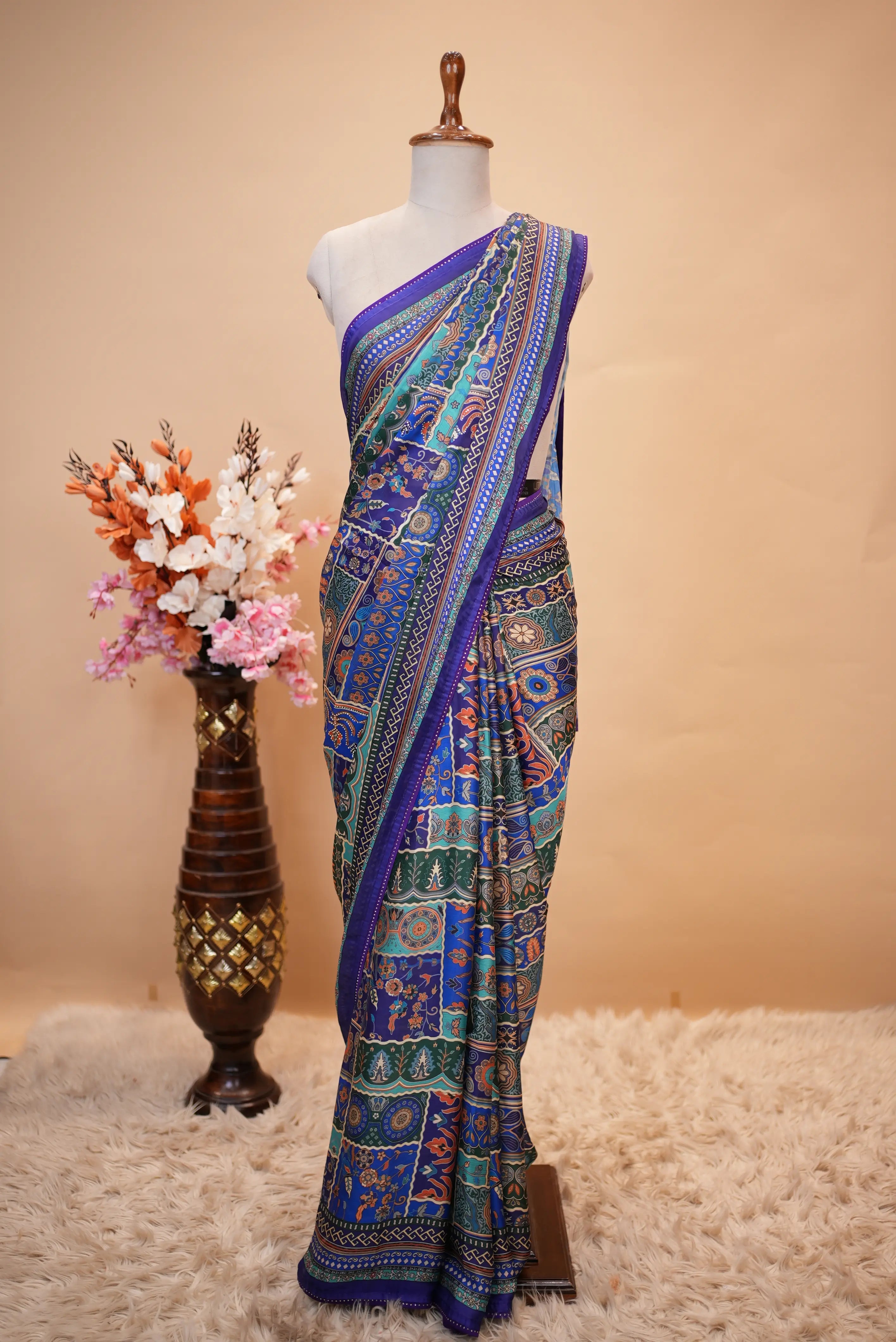 Kalamkari Print Saree With Swarovski Work & Falling Pattern (With Blouse)