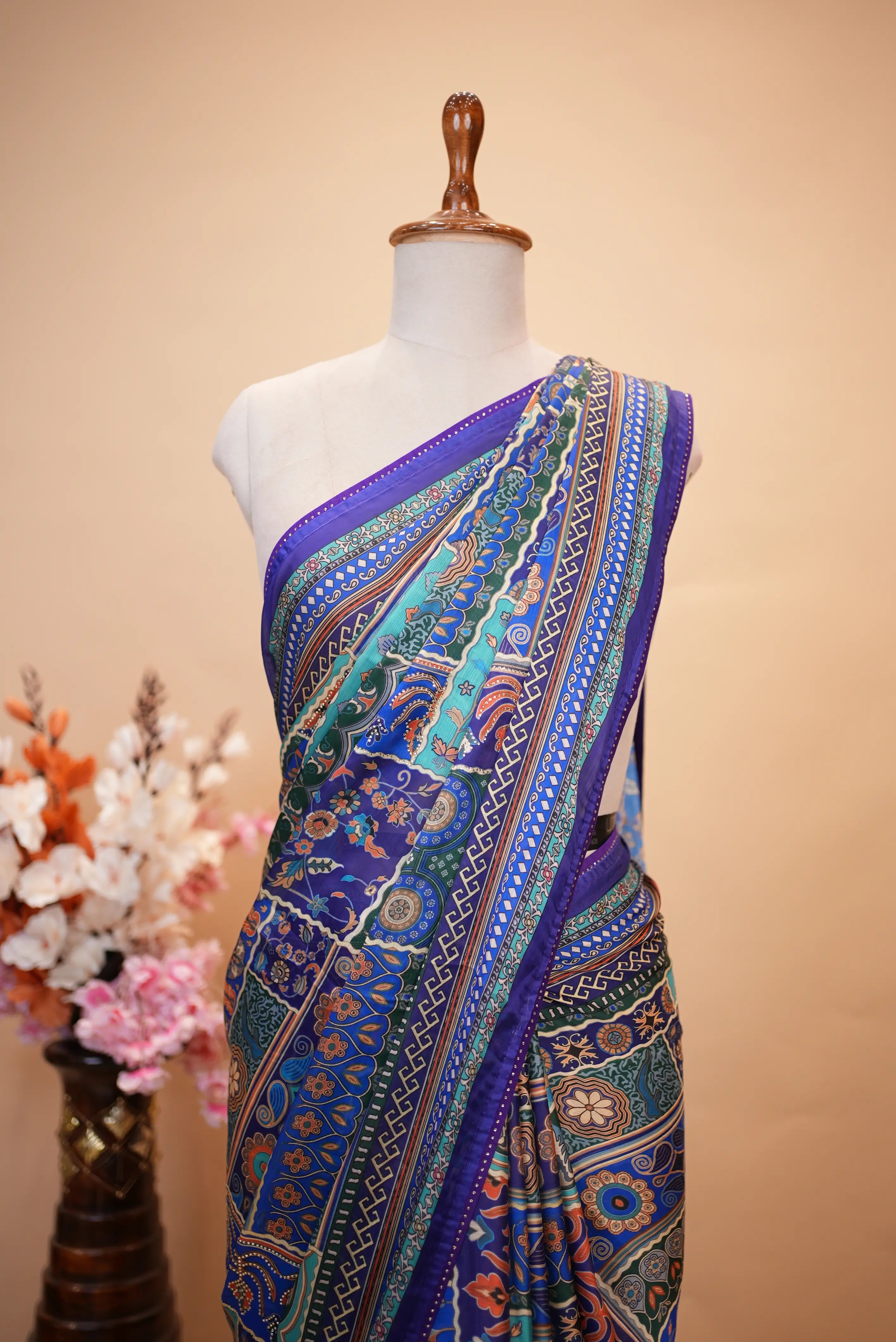 Kalamkari Print Saree With Swarovski Work & Falling Pattern (With Blouse)