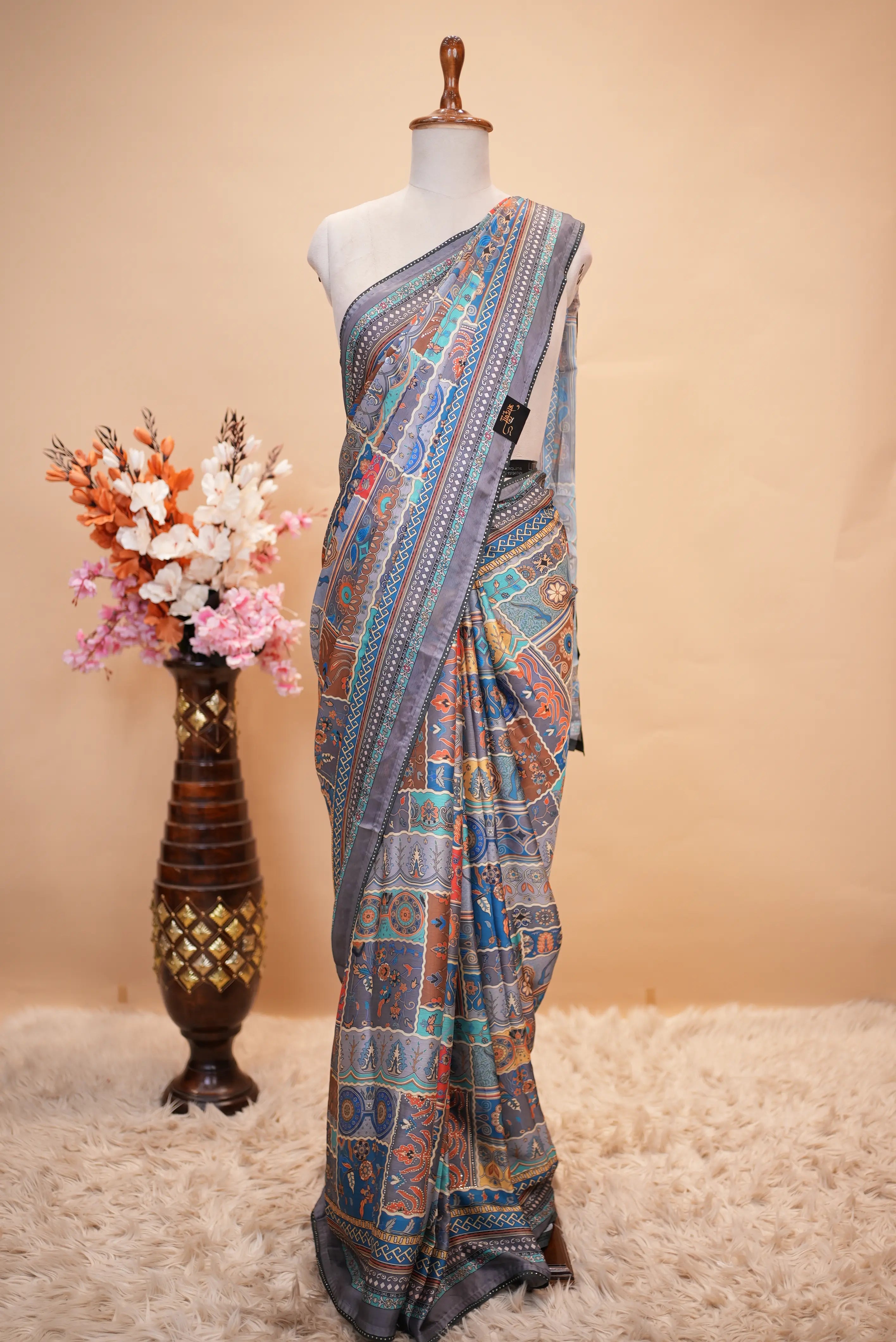 Kalamkari Print Saree With Swarovski Work & Falling Pattern (With Blouse)