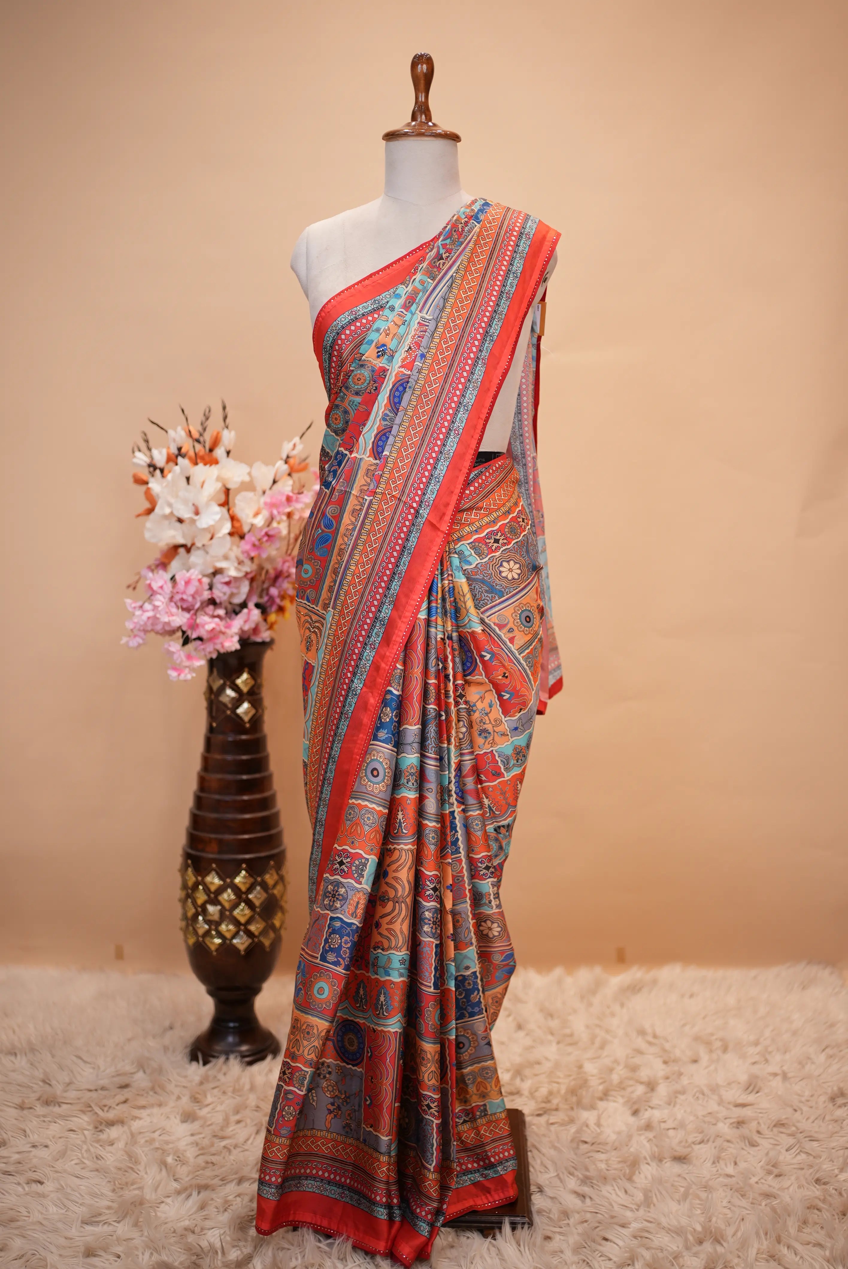 Kalamkari Print Saree With Swarovski Work & Falling Pattern (With Blouse)