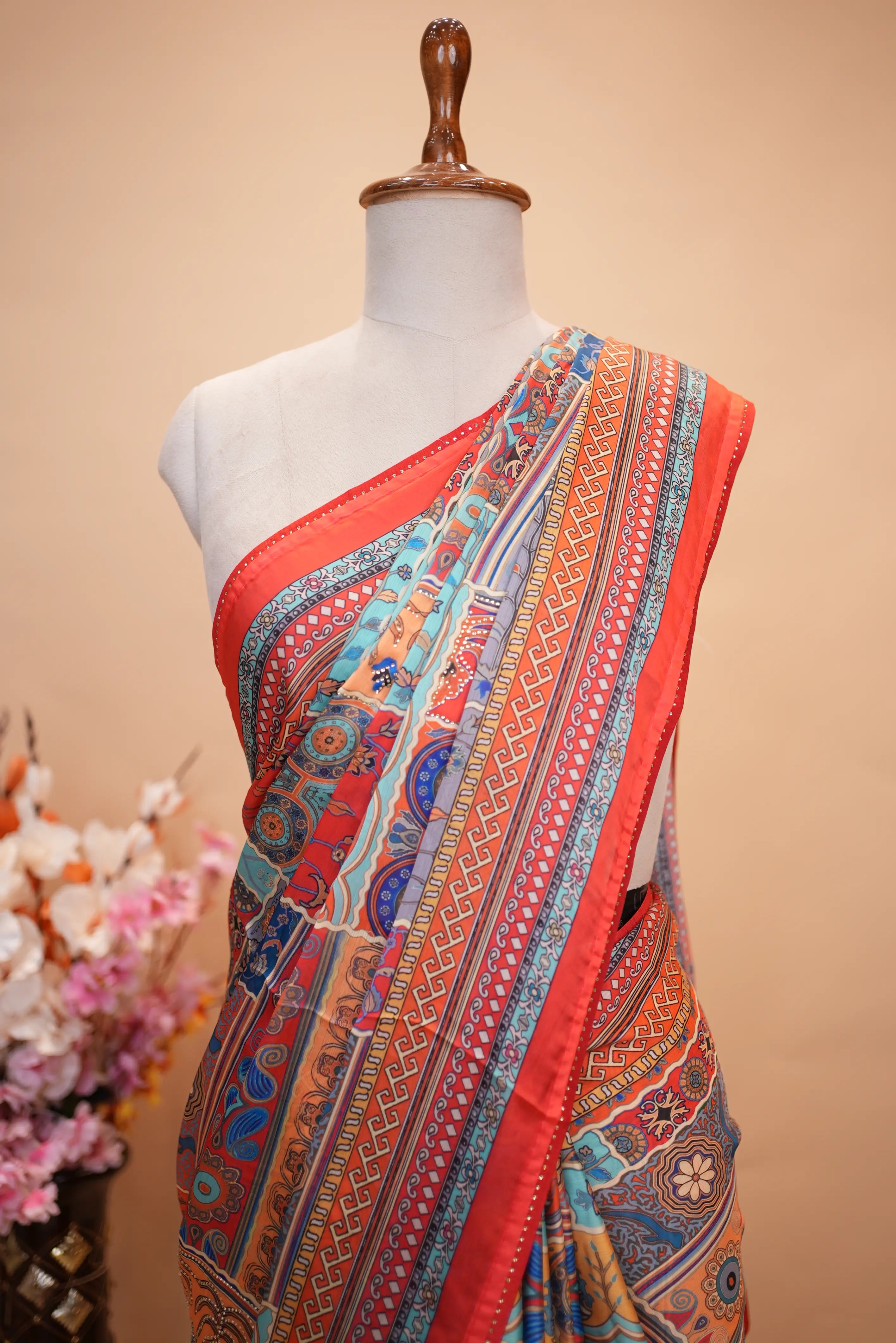 Kalamkari Print Saree With Swarovski Work & Falling Pattern (With Blouse)