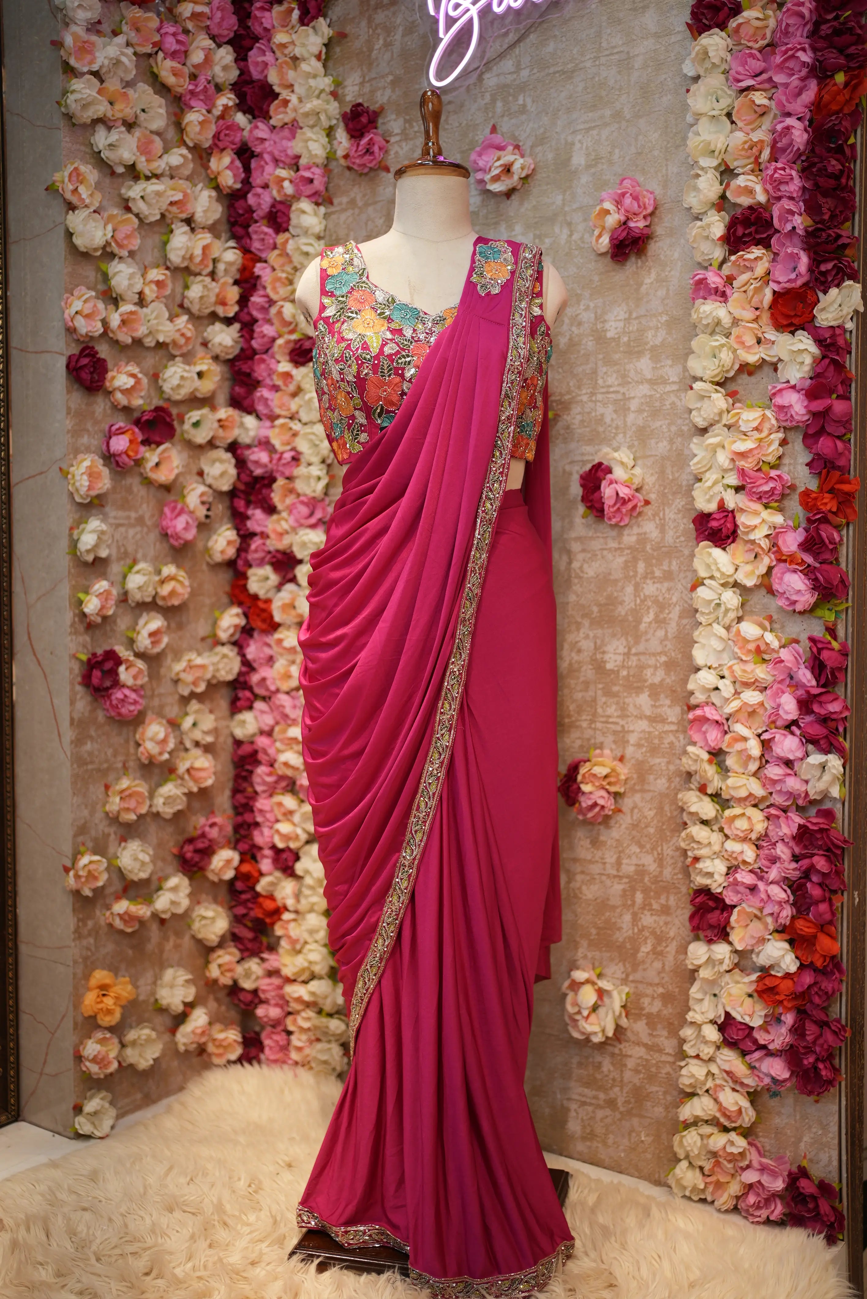 Pre-Pleated Lycra Saree with Stitched Blouse, Thread & Cutdana Work