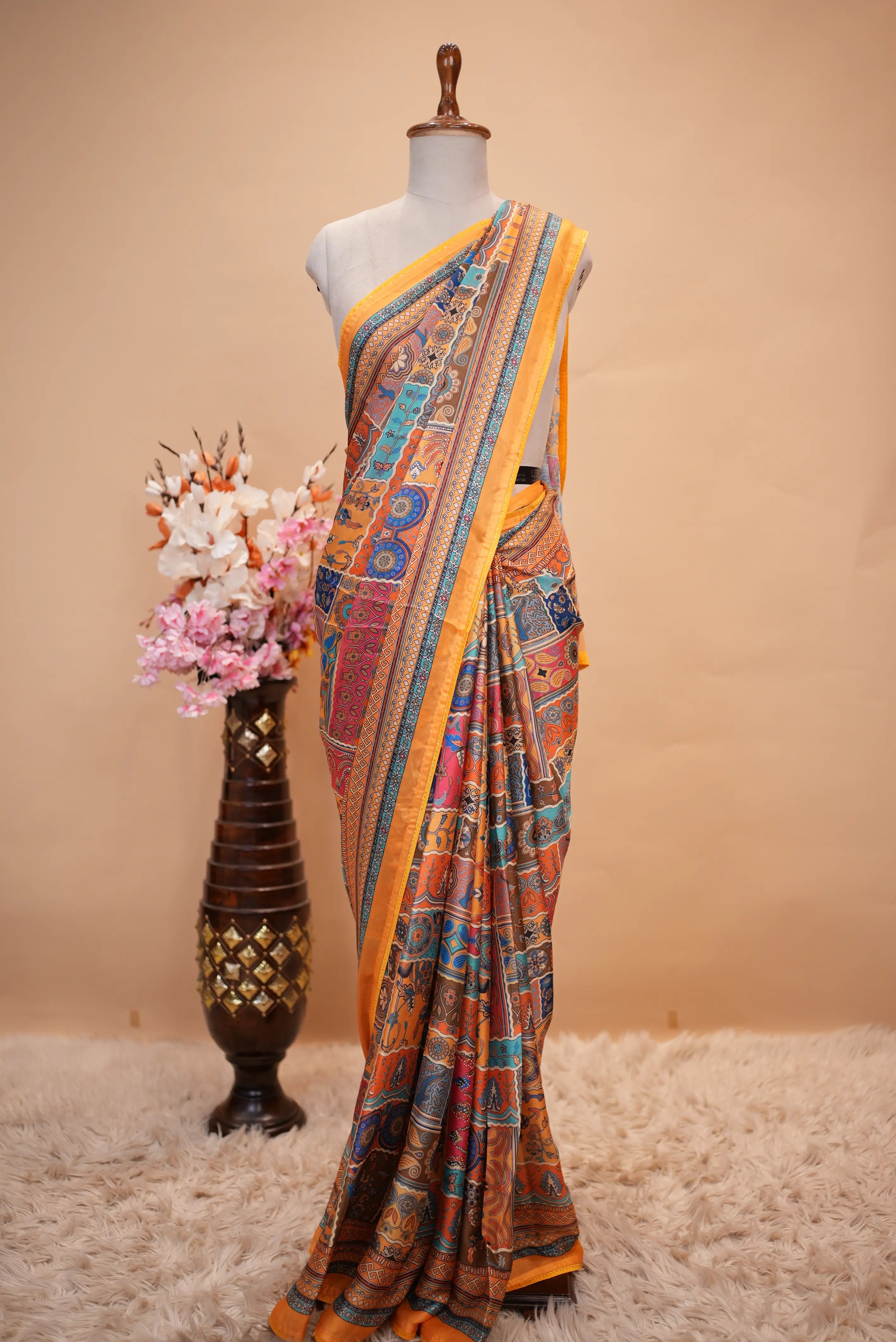 Kalamkari Print Saree With Swarovski Work & Falling Pattern (With Blouse)