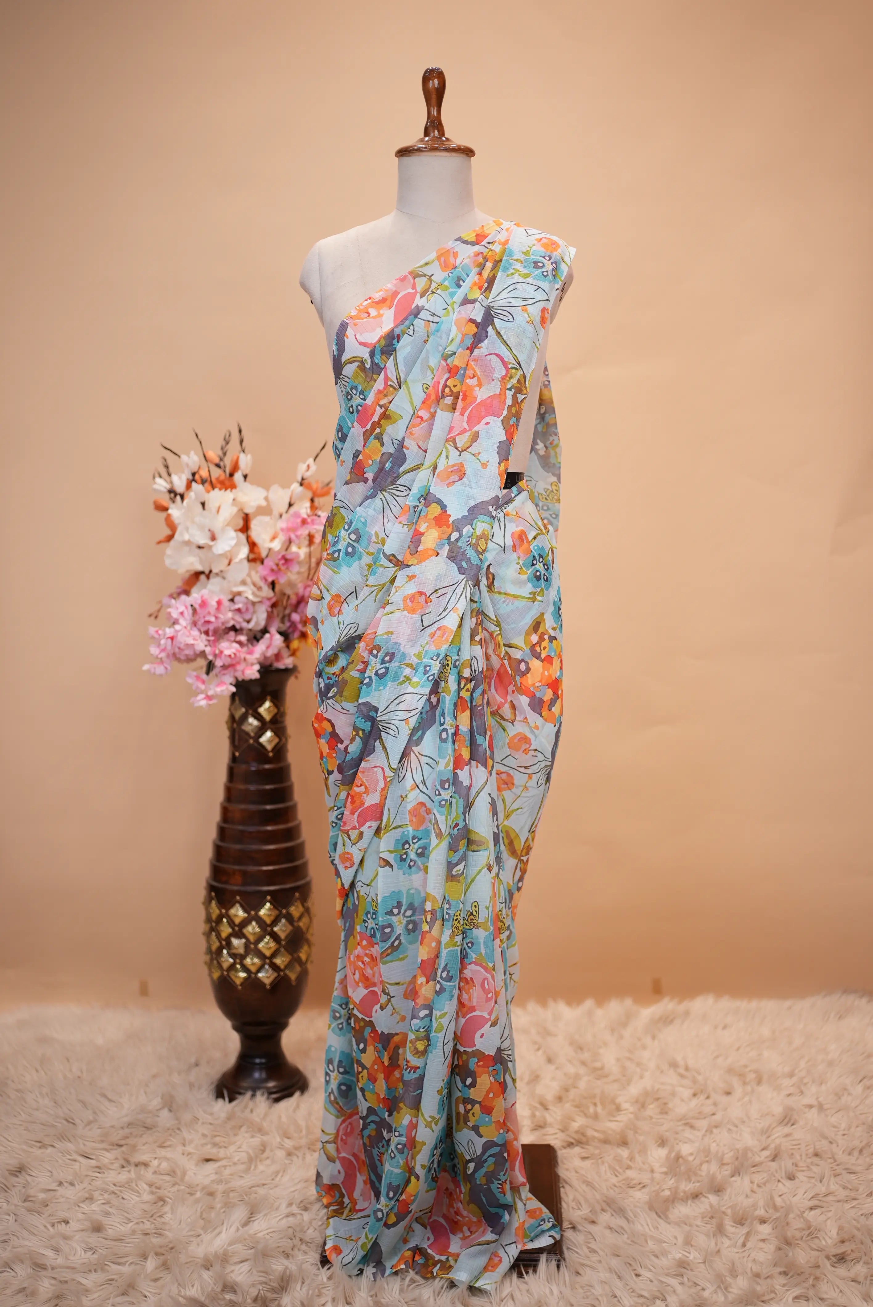 Chiffon Fabric Flower Print Saree (Without Blouse)