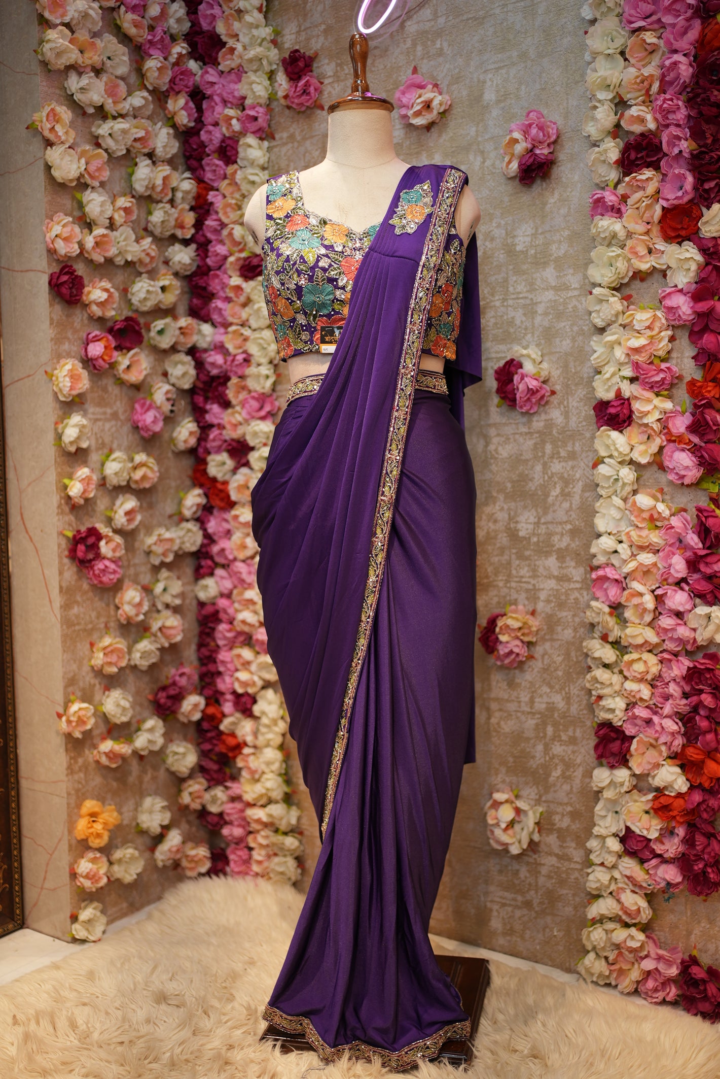 STITCHED BLOUSE PREPLATED SAREE ON LYCRA FABRIC WITH THREAD WORK & CUTDANA HANDWORK ##SR0203