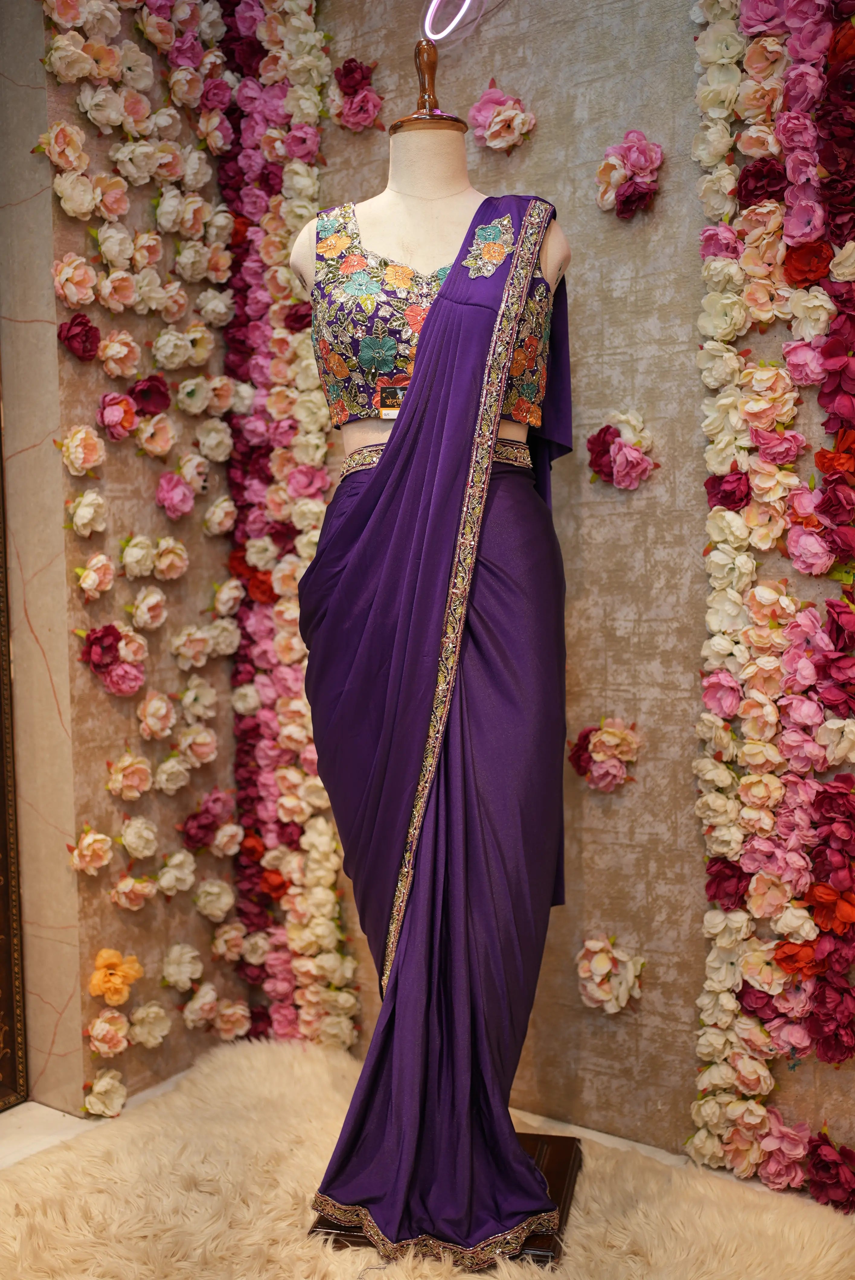 Pre-Pleated Lycra Saree with Stitched Blouse, Thread & Cutdana Work