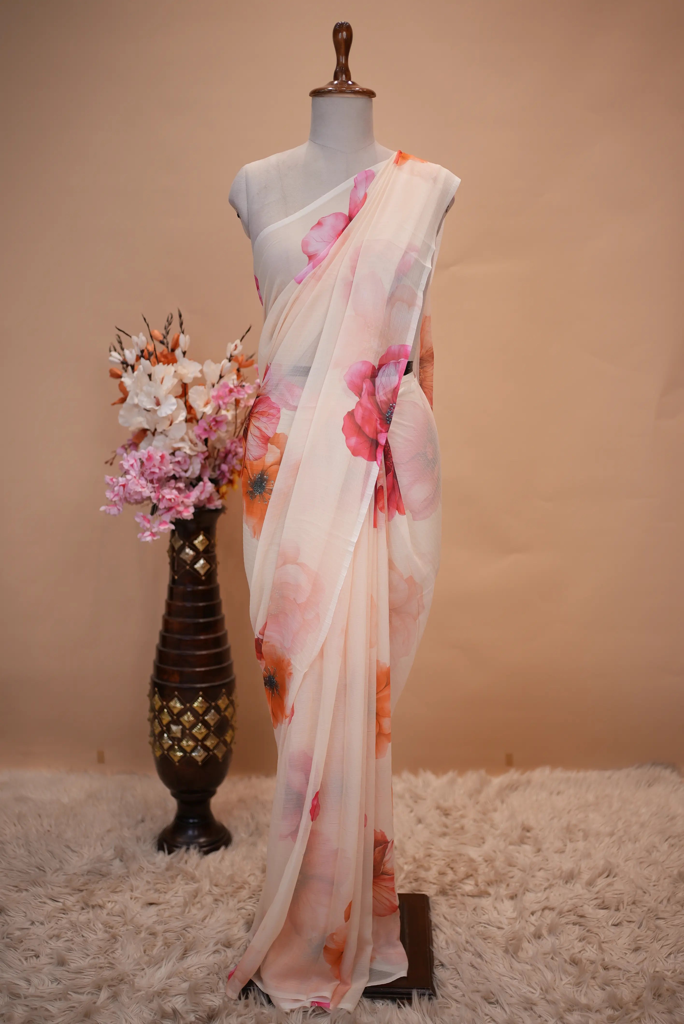 Chiffon Fabric Flower Print Saree (Without Blouse)