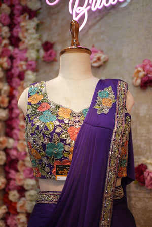 STITCHED BLOUSE PREPLATED SAREE ON LYCRA FABRIC WITH THREAD WORK & CUTDANA HANDWORK ##SR0203