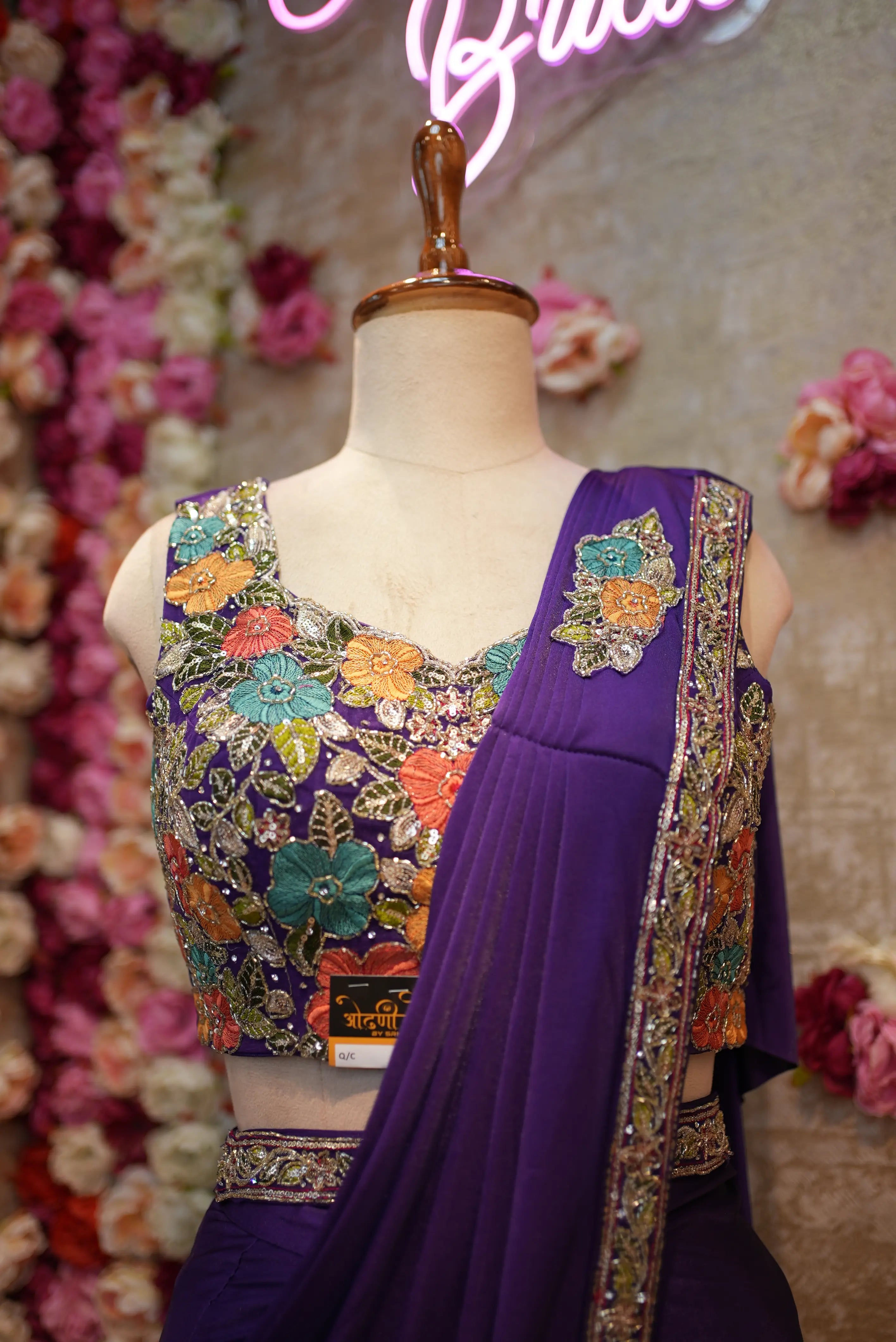 Pre-Pleated Lycra Saree with Stitched Blouse, Thread & Cutdana Work
