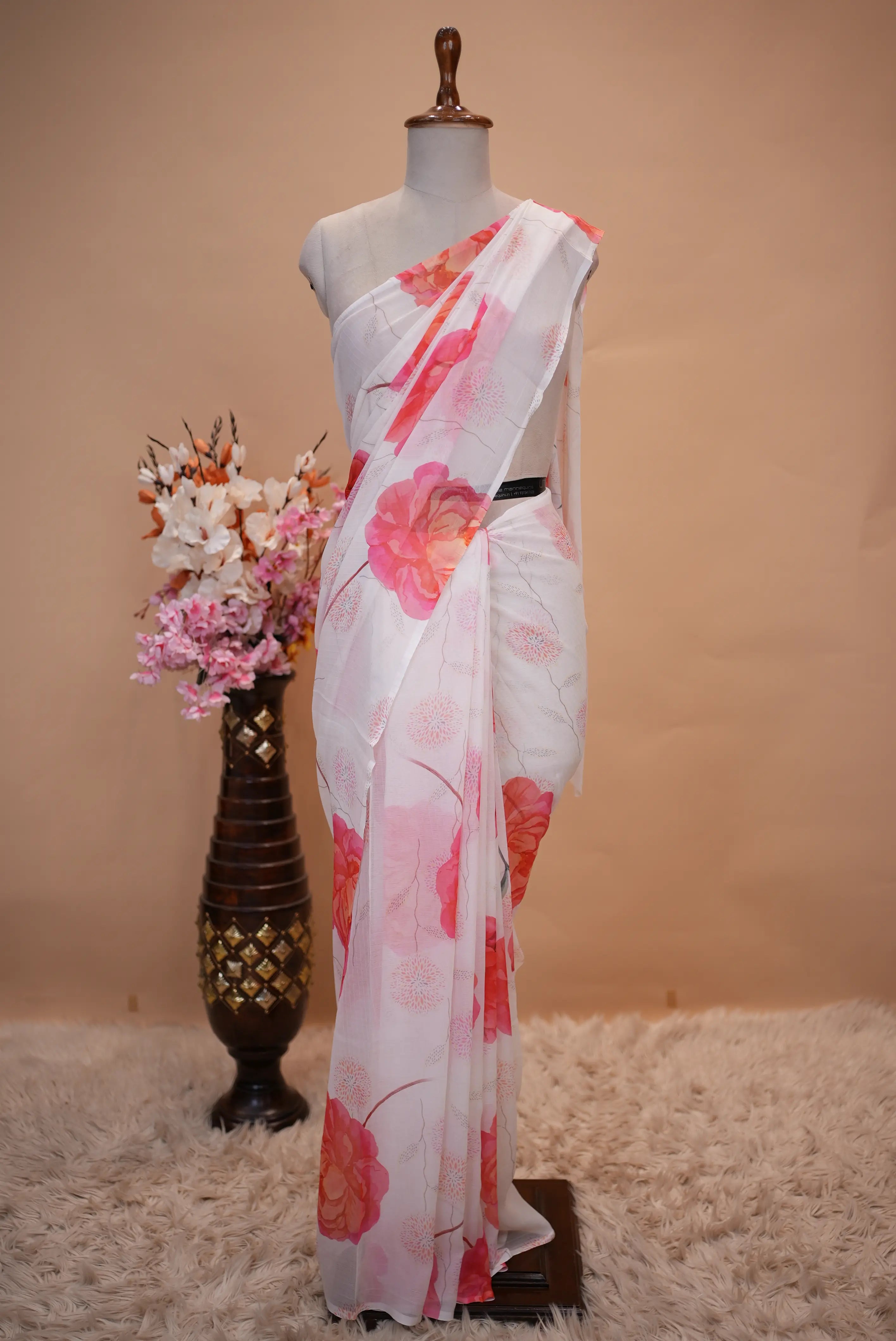 Chiffon Fabric Flower Print Saree (Without Blouse)