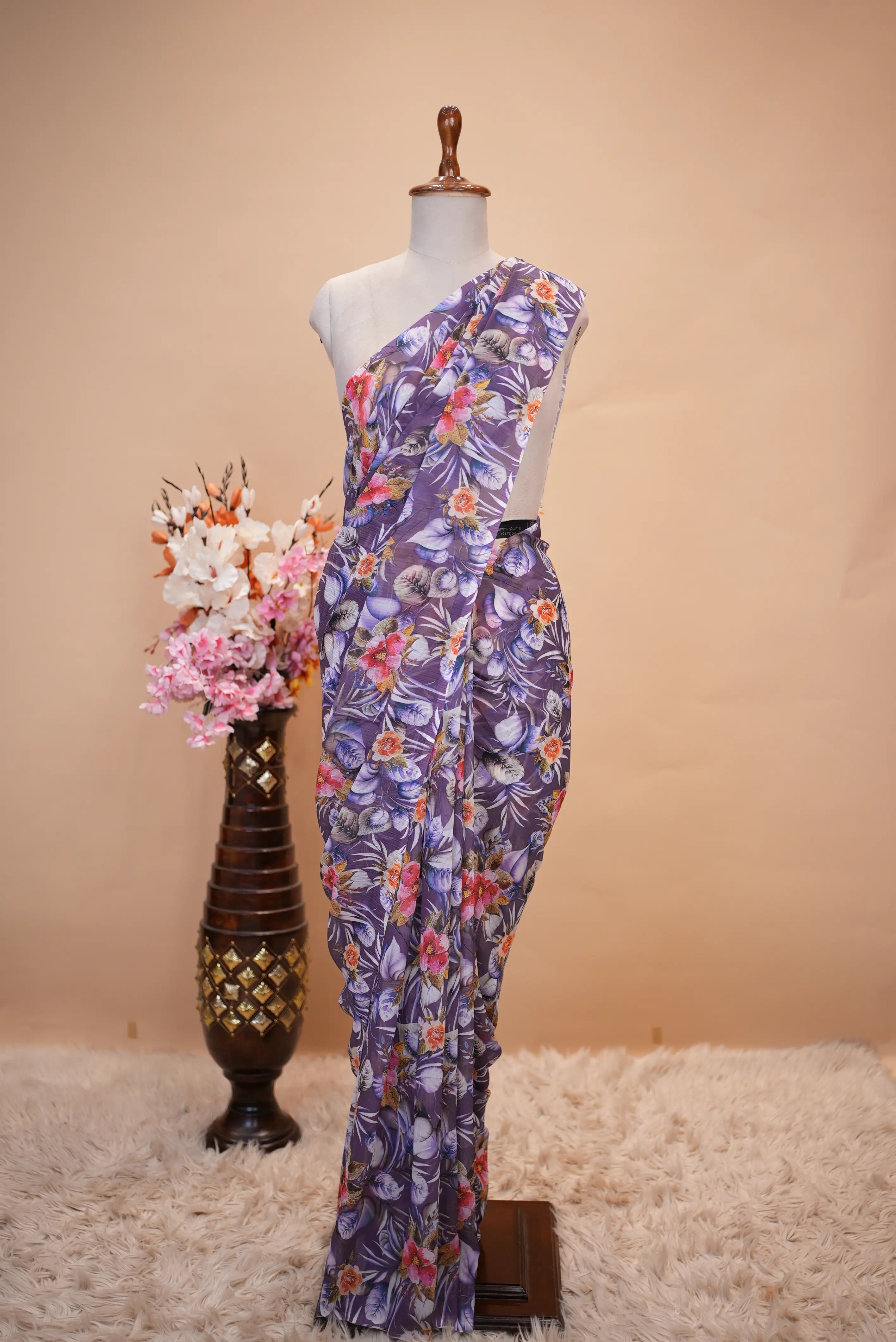 Chiffon Fabric Flower Print Saree (Without Blouse)