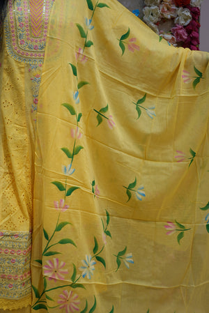 MALKCOTTON FABRIC 3- PIECE SUIT WITH EMBROIDERY WORK WITH BRUSH PAINTINGDUPATTA (YELLOW) ##SP080