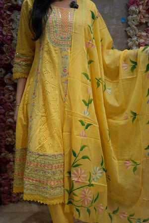 MALKCOTTON FABRIC 3- PIECE SUIT WITH EMBROIDERY WORK WITH BRUSH PAINTINGDUPATTA (YELLOW) ##SP080