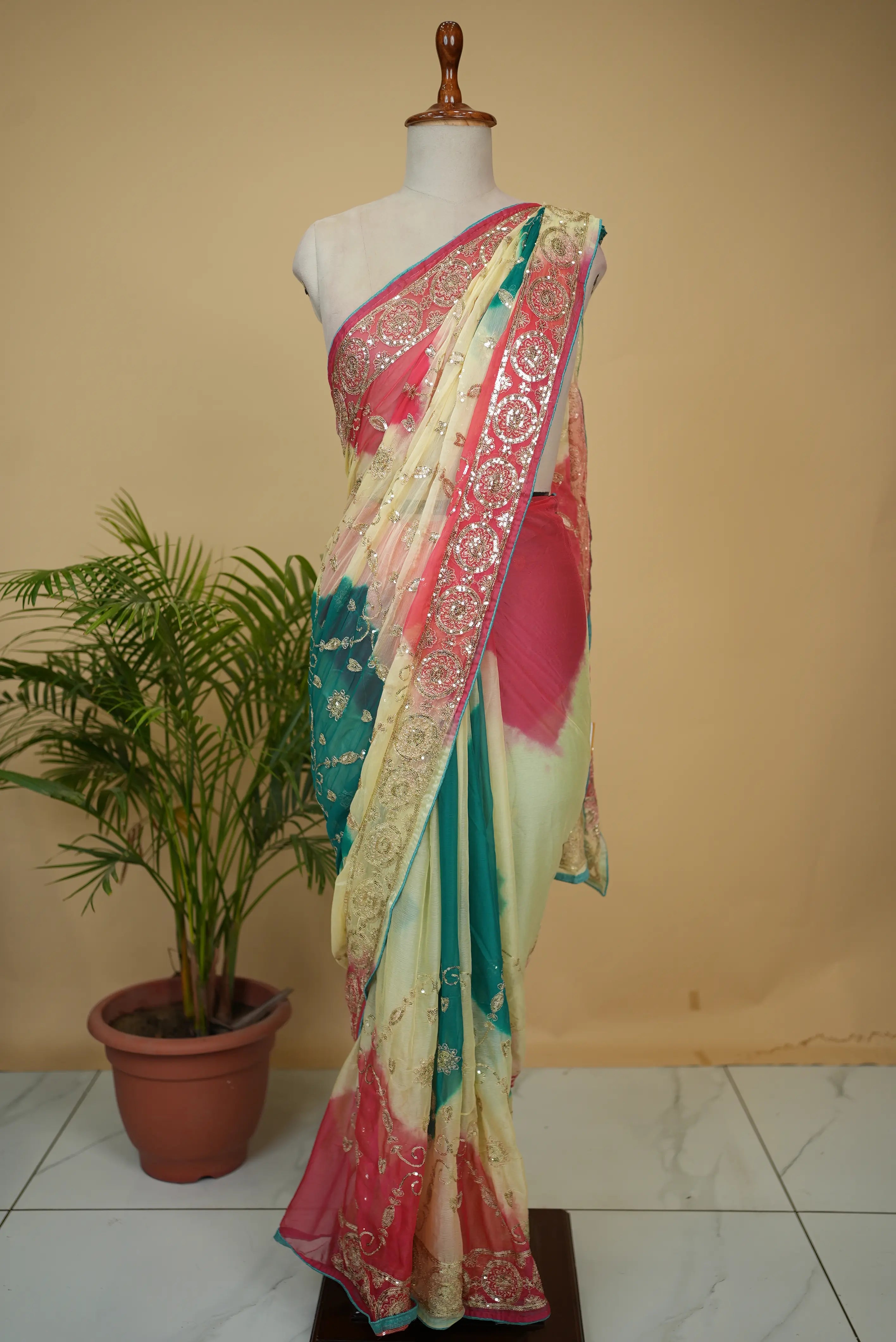 Vintage Work Rajpooti Look Saree With Aari Tari Work (With Blouse)