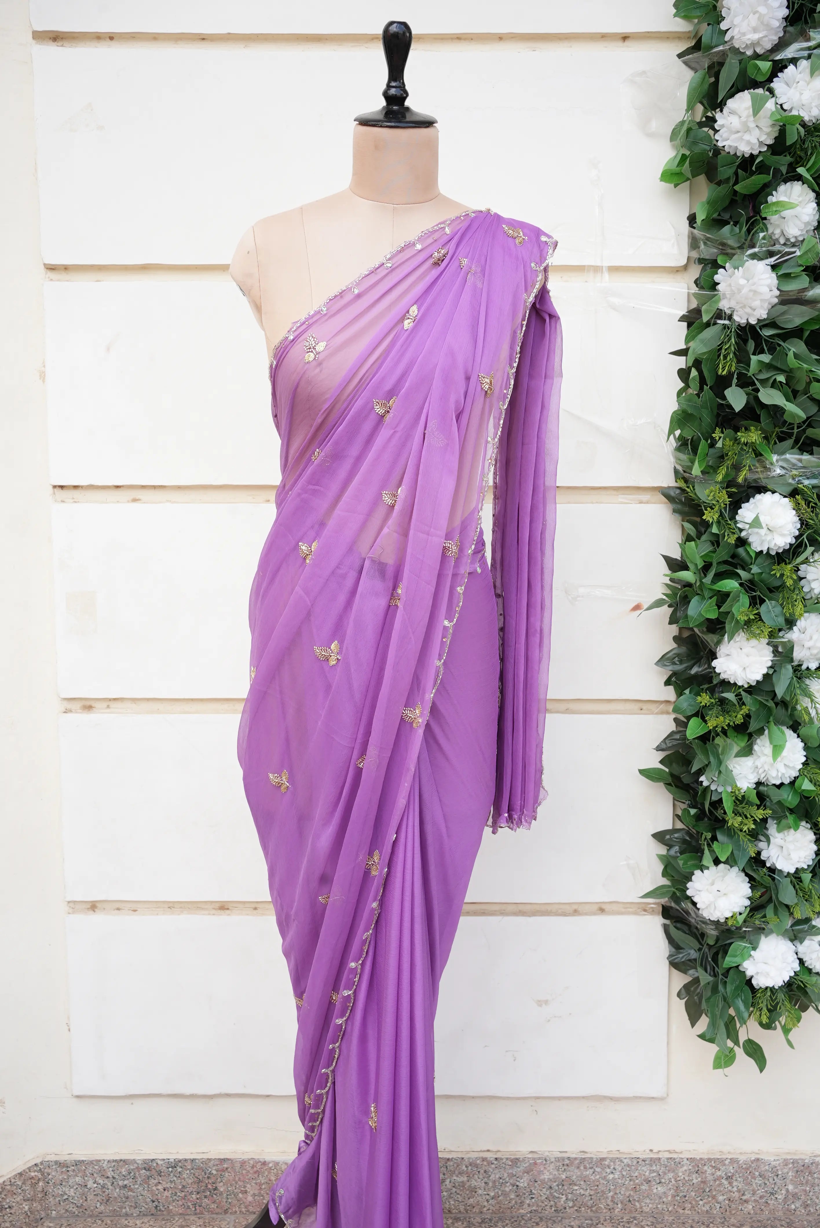Chiffon Fabric Saree With Sequence & Cut Dana Handwork (With Blouse)