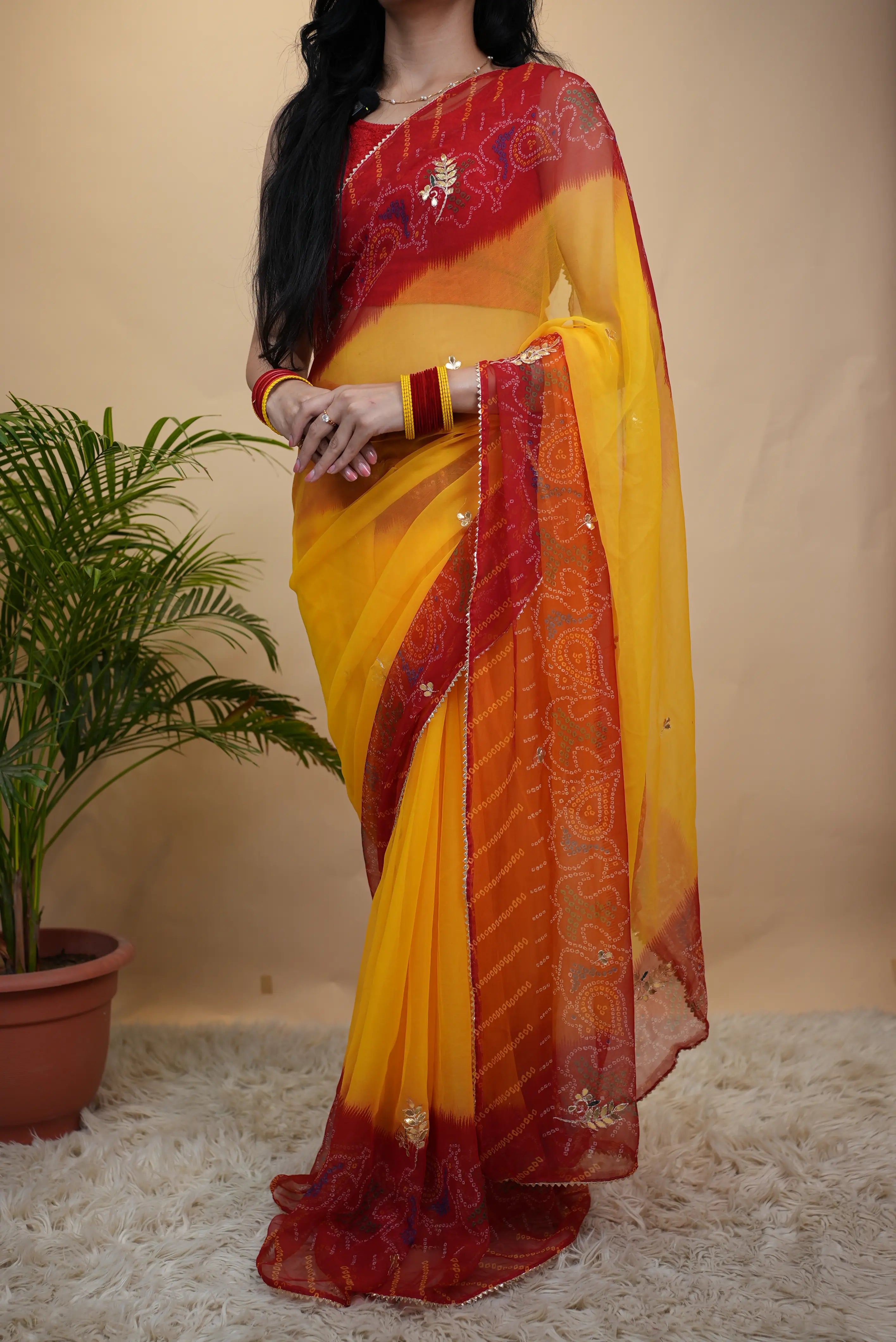 Traditional Shekhawati Pompcha Saree With Gota Patti & Buti Work ( With Blouse )