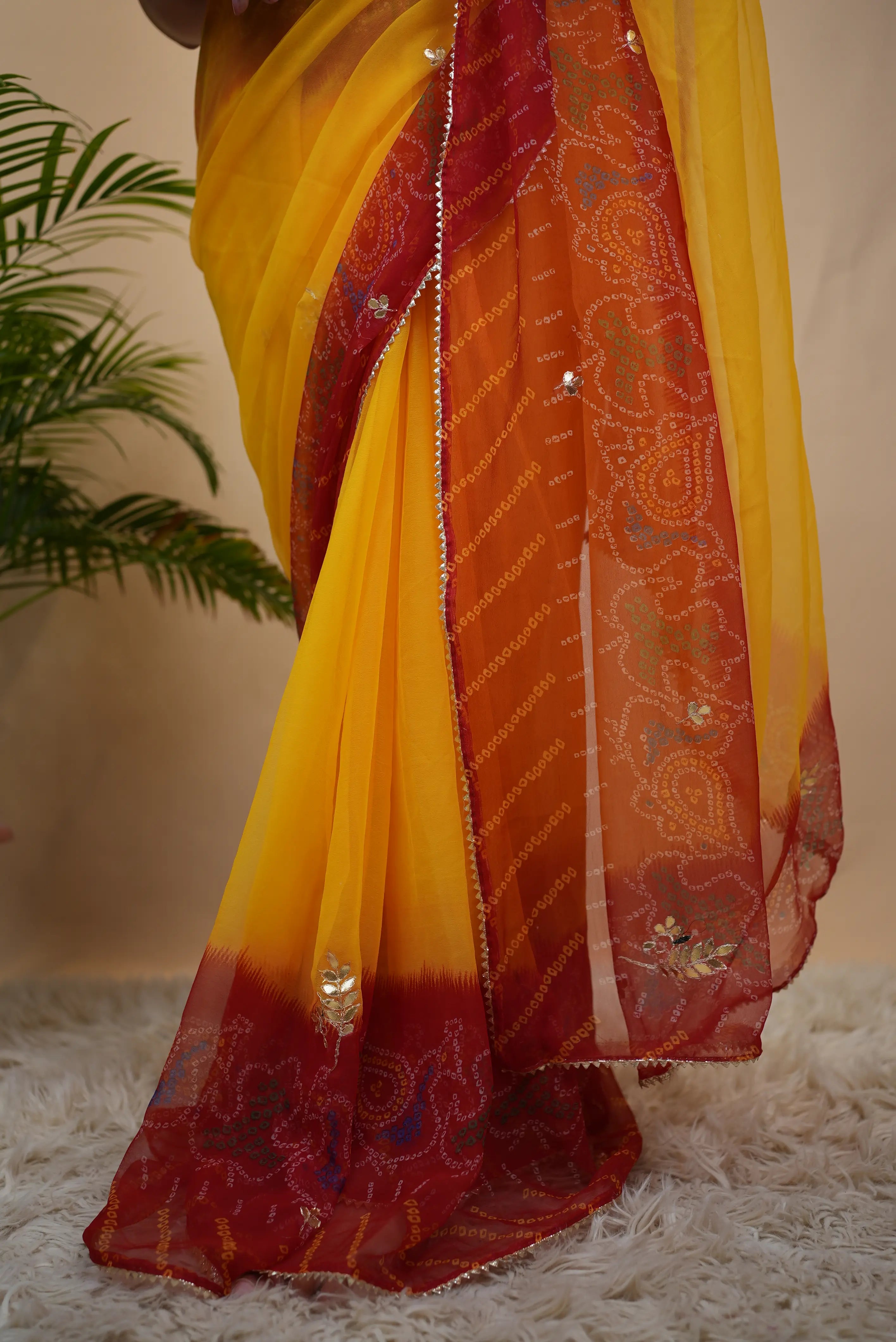 Traditional Shekhawati Pompcha Saree With Gota Patti & Buti Work ( With Blouse )