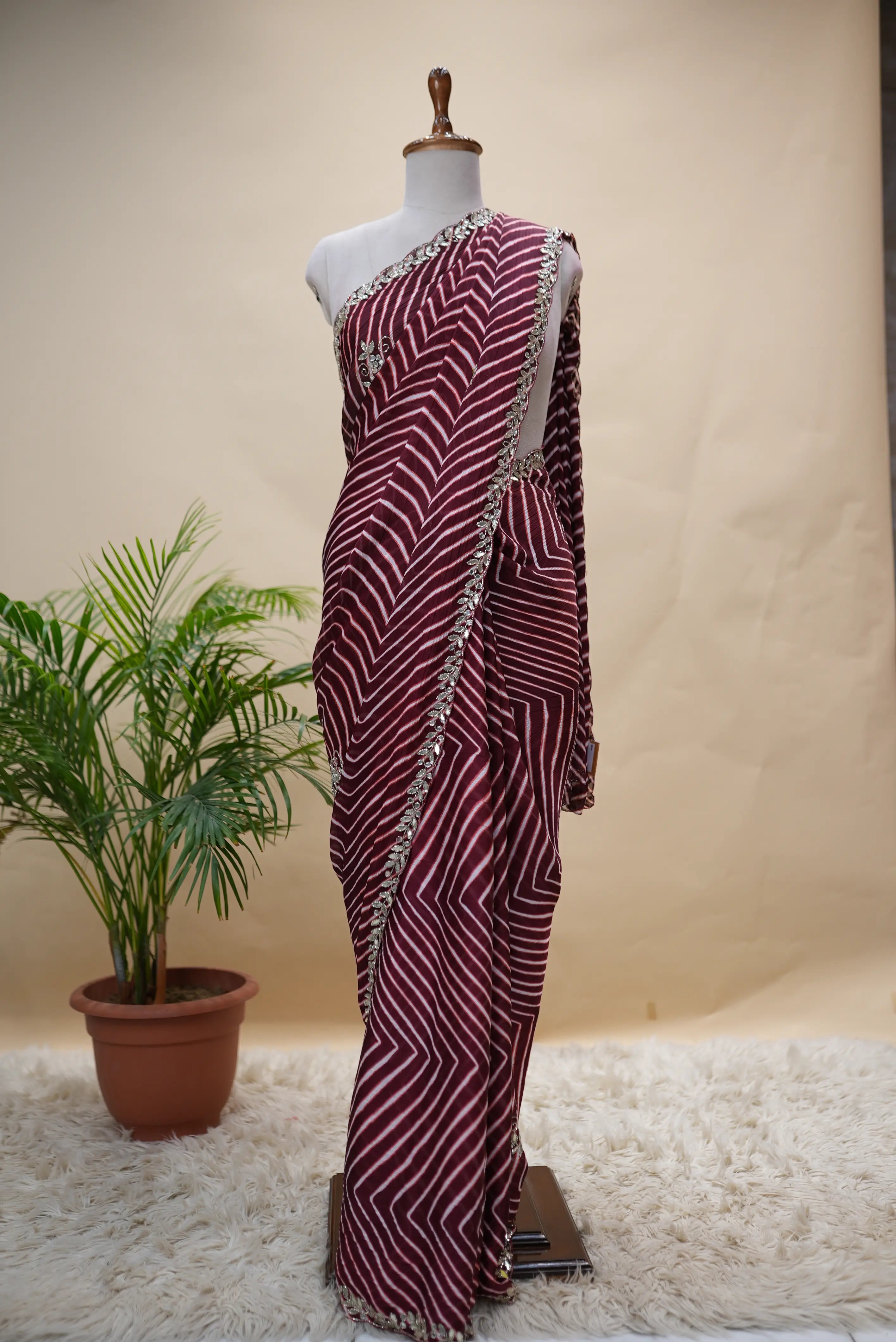 Traditional Leheriya Pattern Handwork Saree (With Blouse)