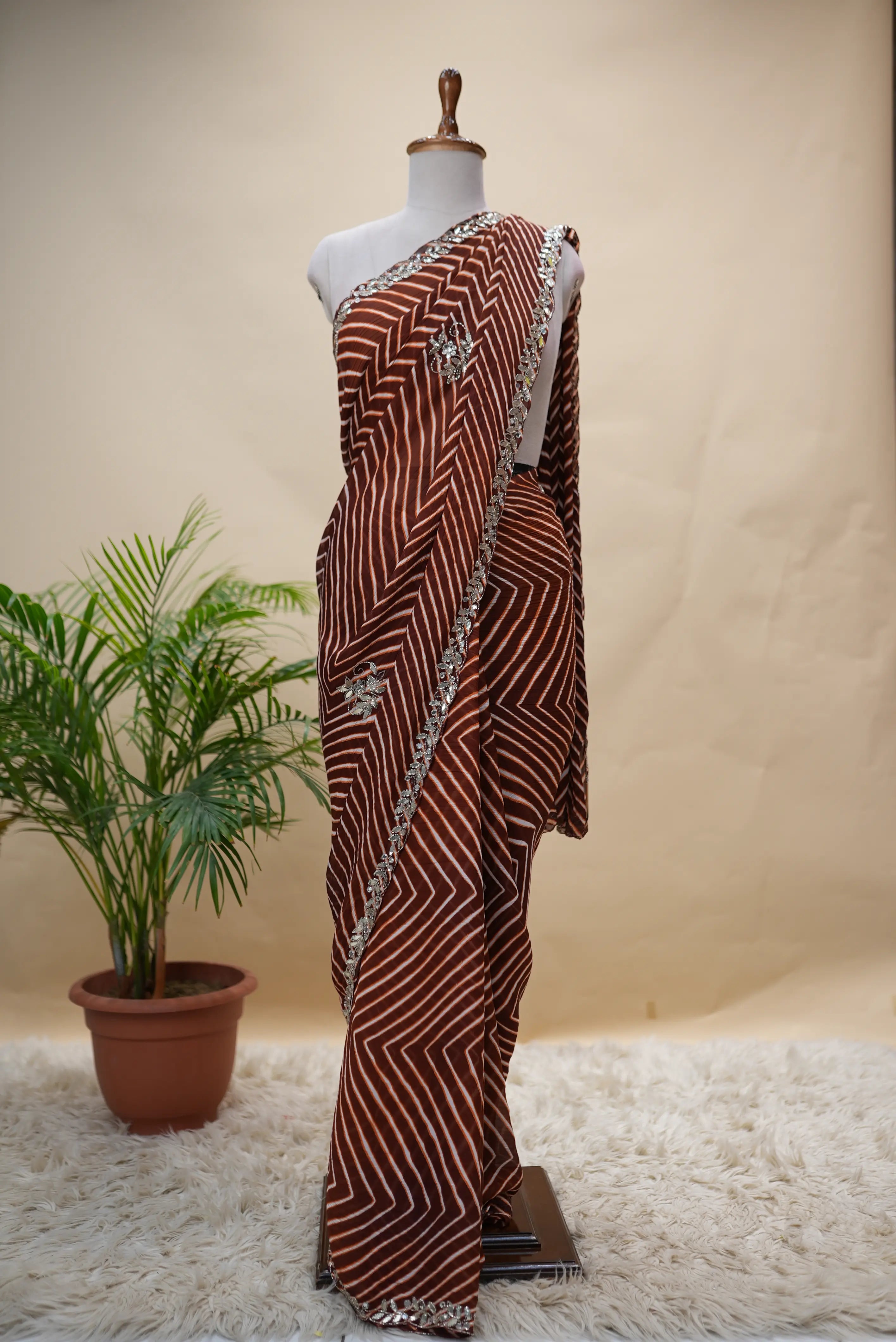 Traditional Leheriya Pattern Handwork Saree (With Blouse)