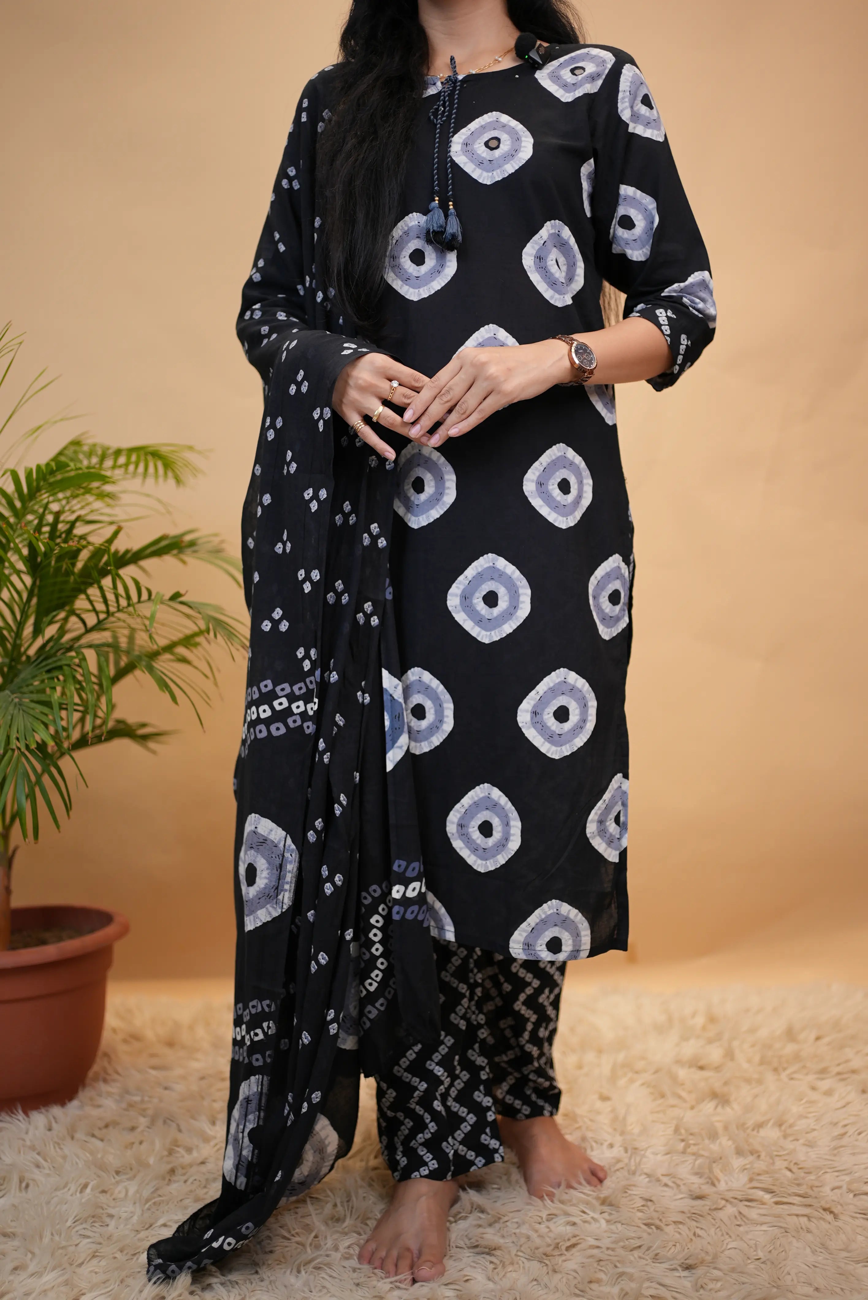 Midnight Bandhani Print Cotton Suit Set With Dupatta