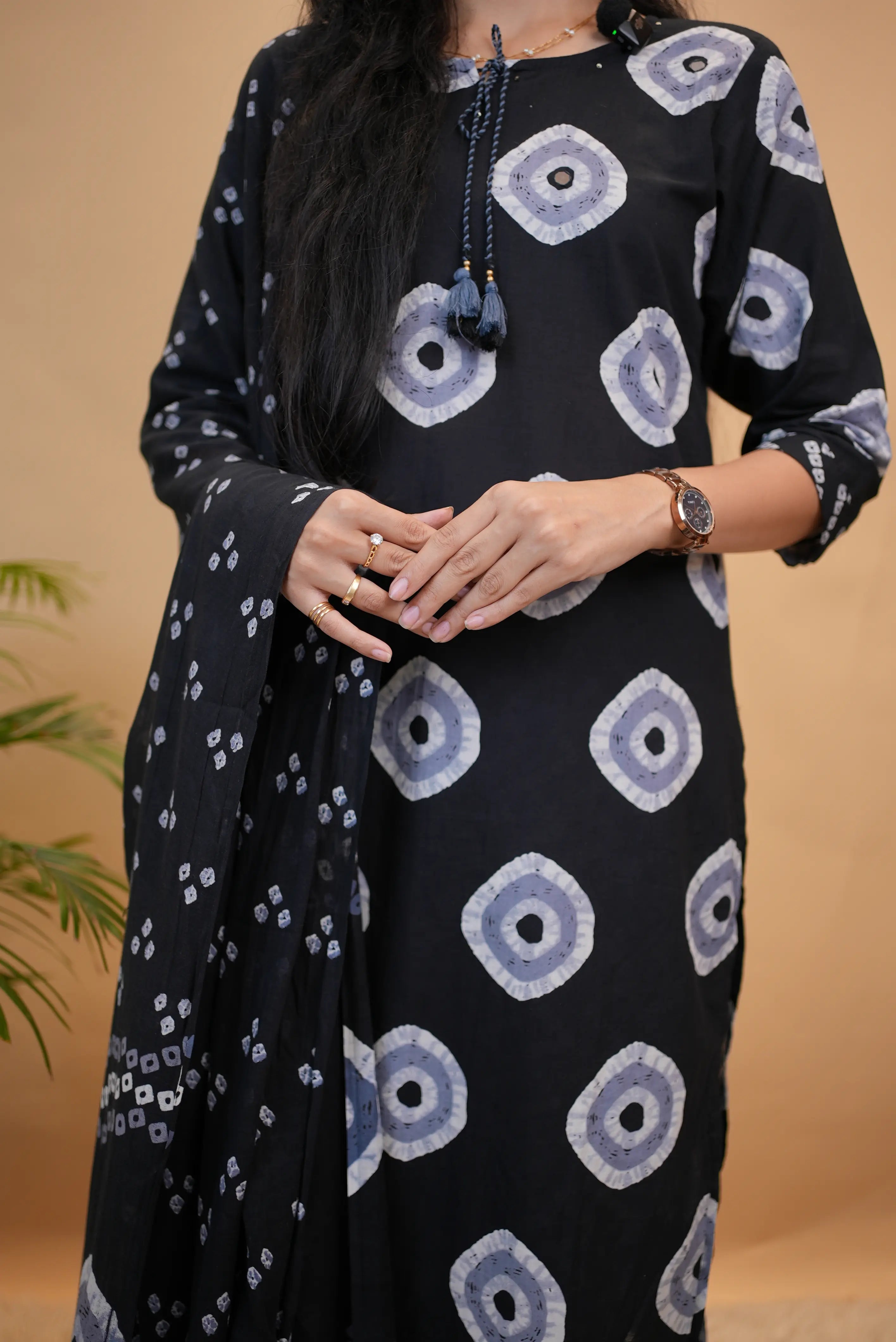 Midnight Bandhani Print Cotton Suit Set With Dupatta
