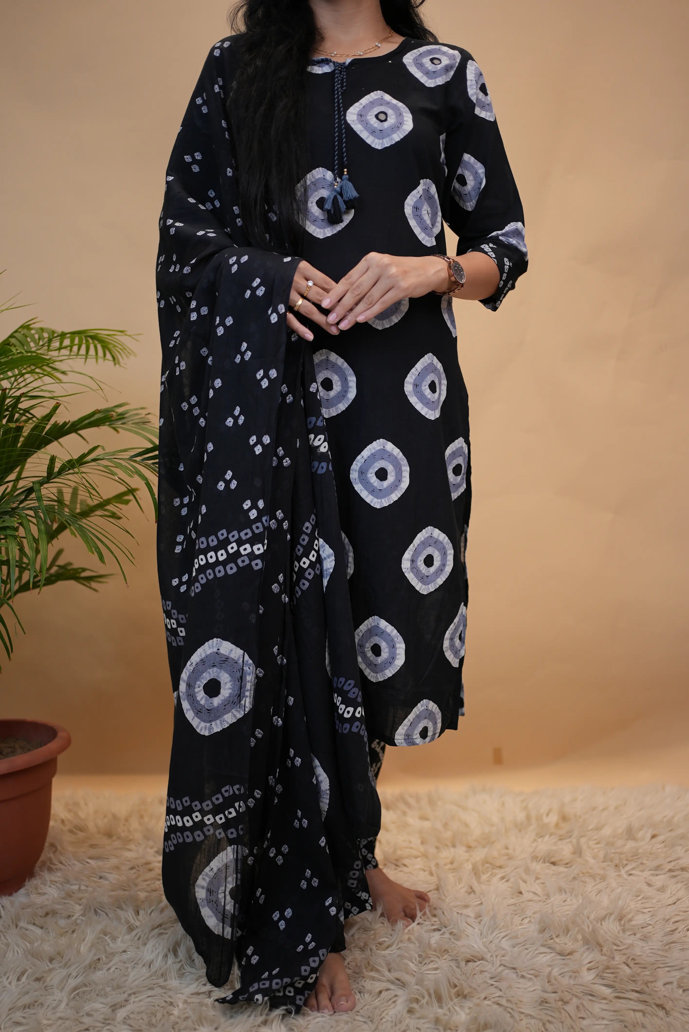 Midnight Bandhani Print Cotton Suit Set With Dupatta