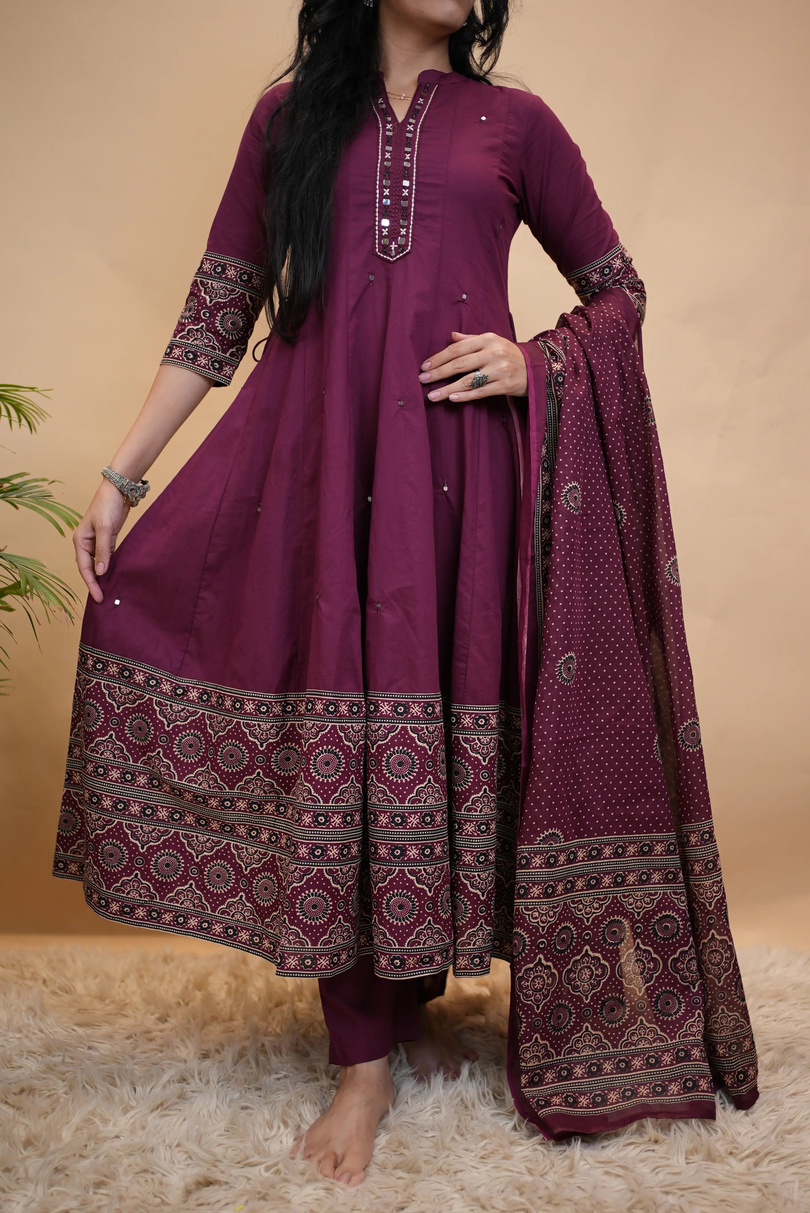 Wine Purple Cotton Anarkali 3-Piece Suit with Traditional Printed Border