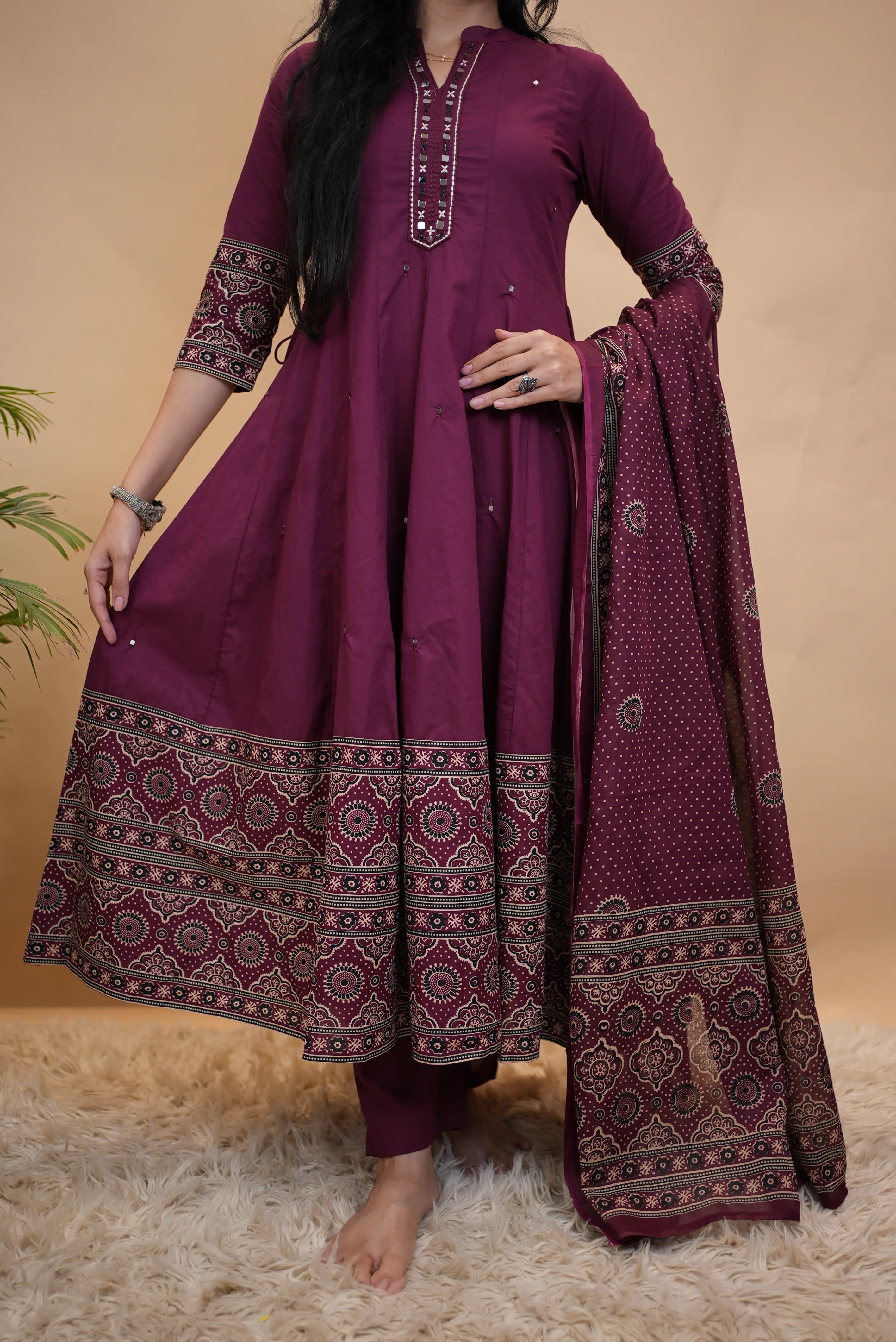 Wine Purple Cotton Anarkali 3-Piece Suit with Traditional Printed Border