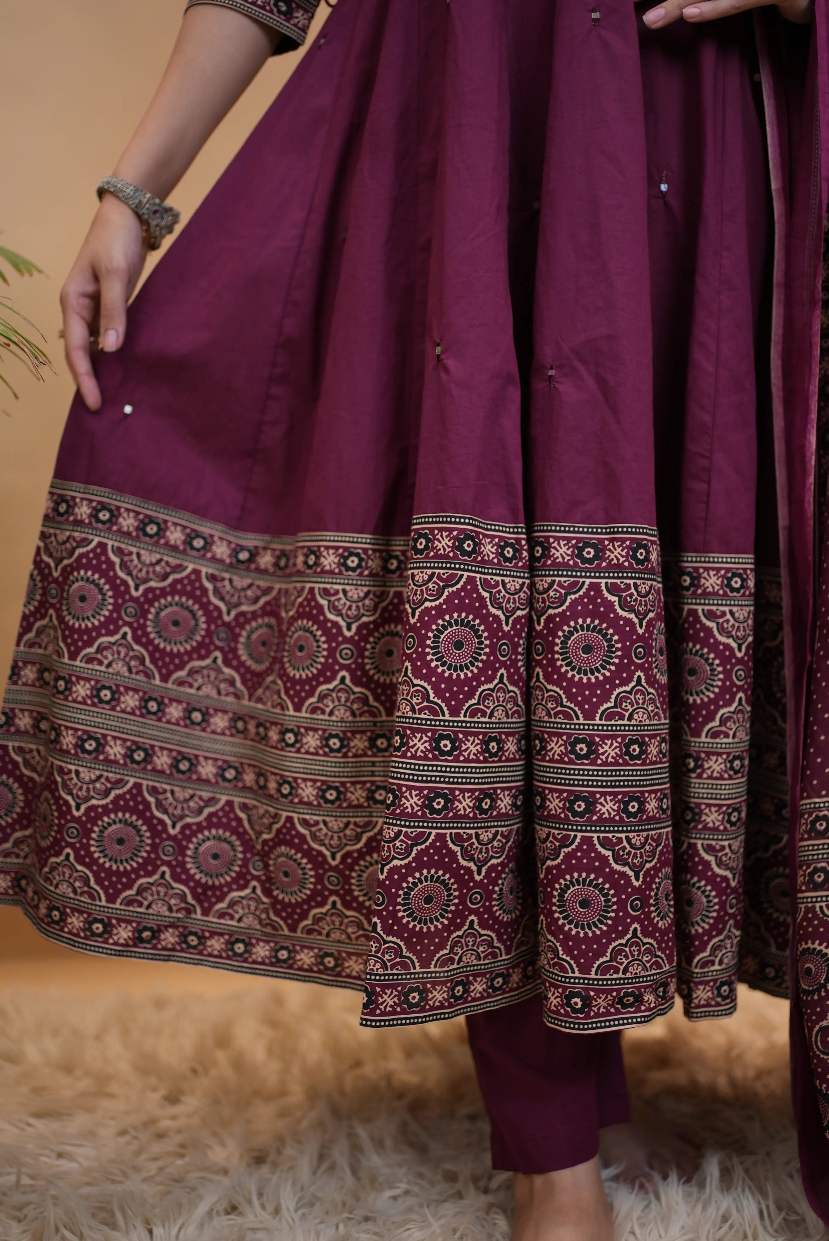 Wine Purple Cotton Anarkali 3-Piece Suit with Traditional Printed Border