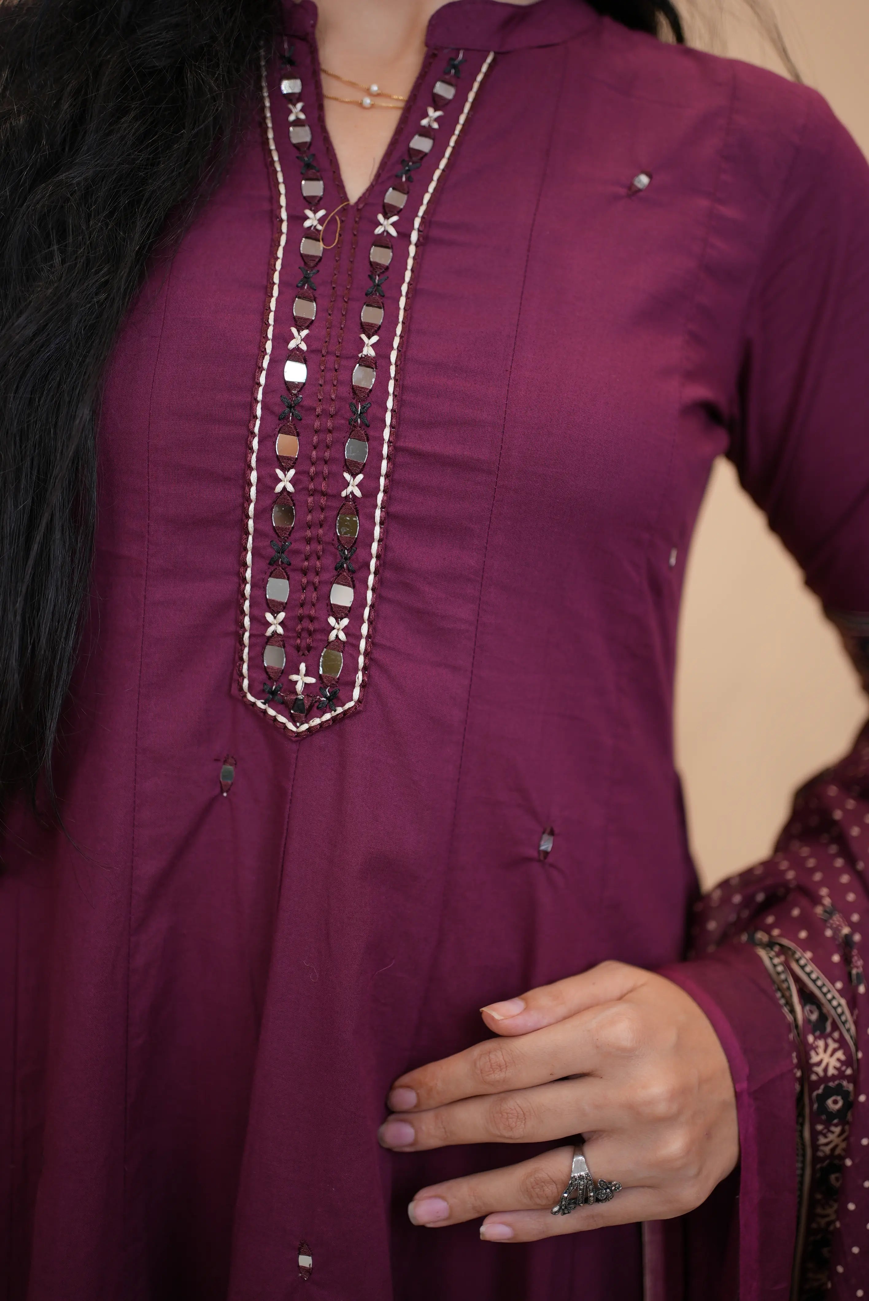Wine Purple Cotton Anarkali 3-Piece Suit with Traditional Printed Border