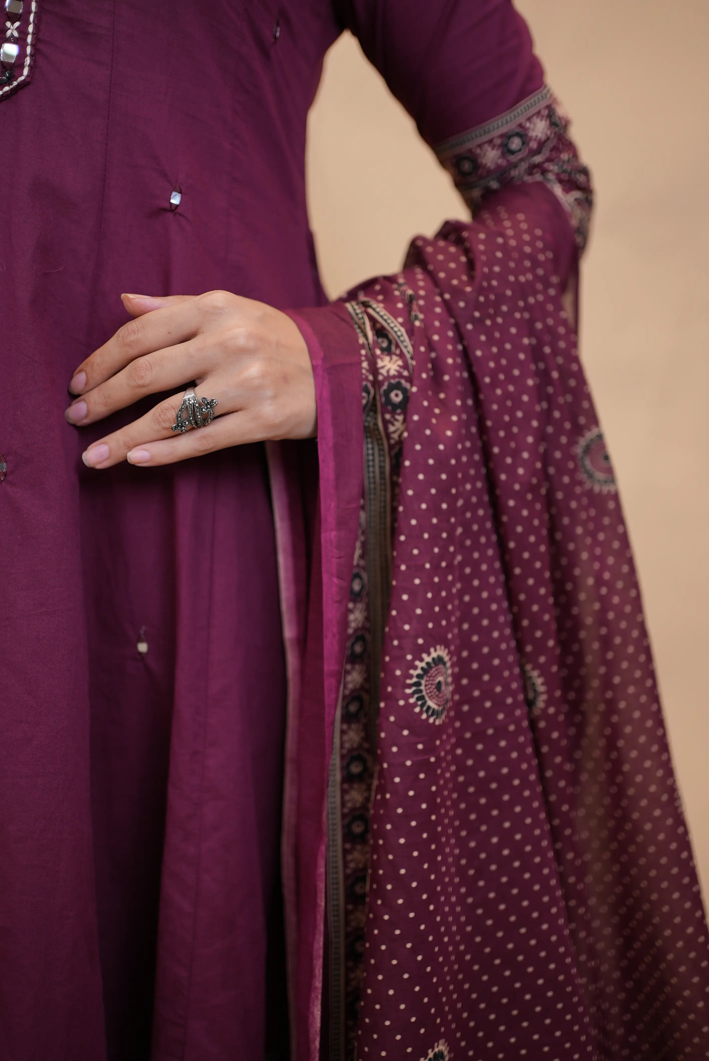Wine Purple Cotton Anarkali 3-Piece Suit with Traditional Printed Border