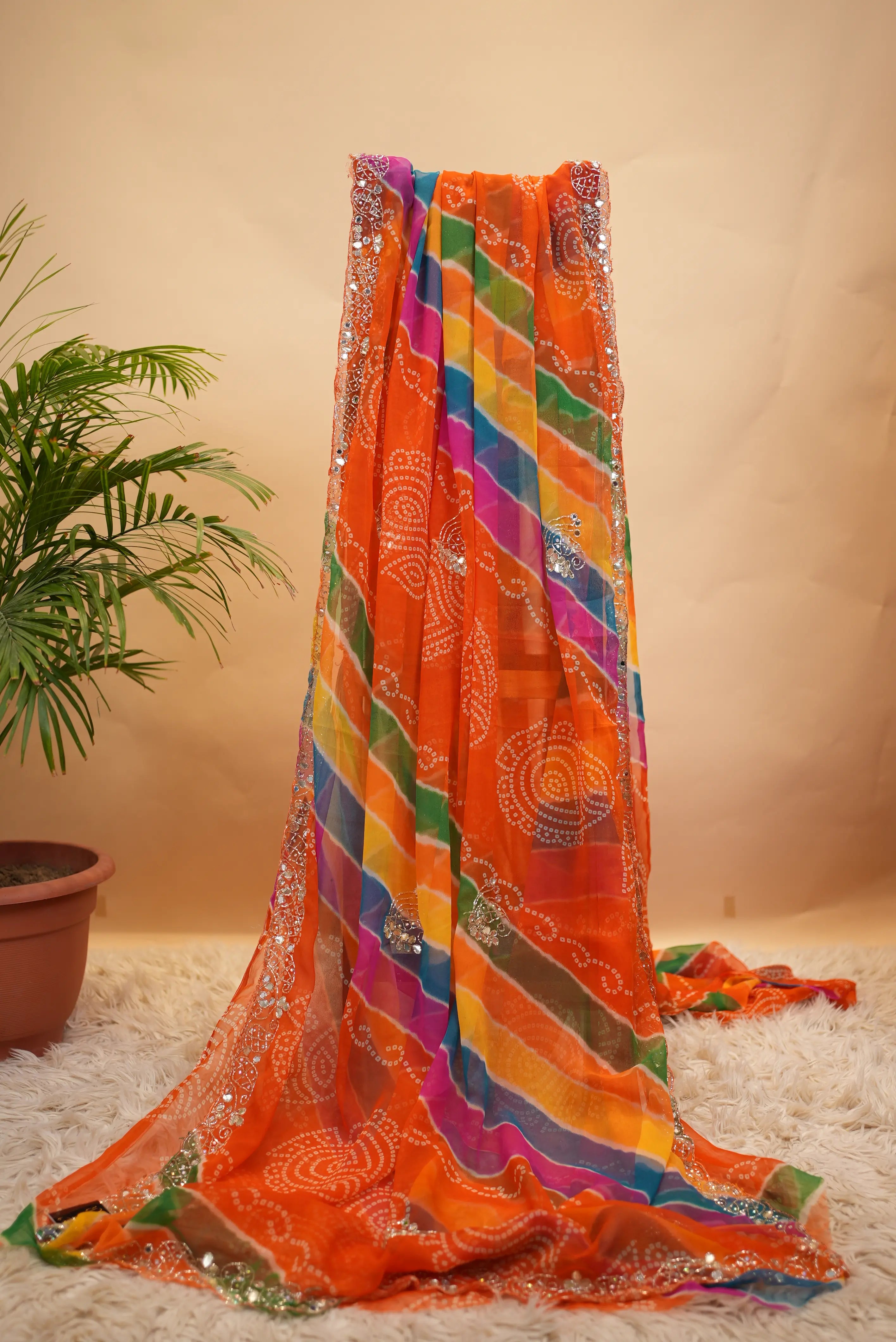 Traditional Rajasthani Leheriya Bandhani Saree With Handwork