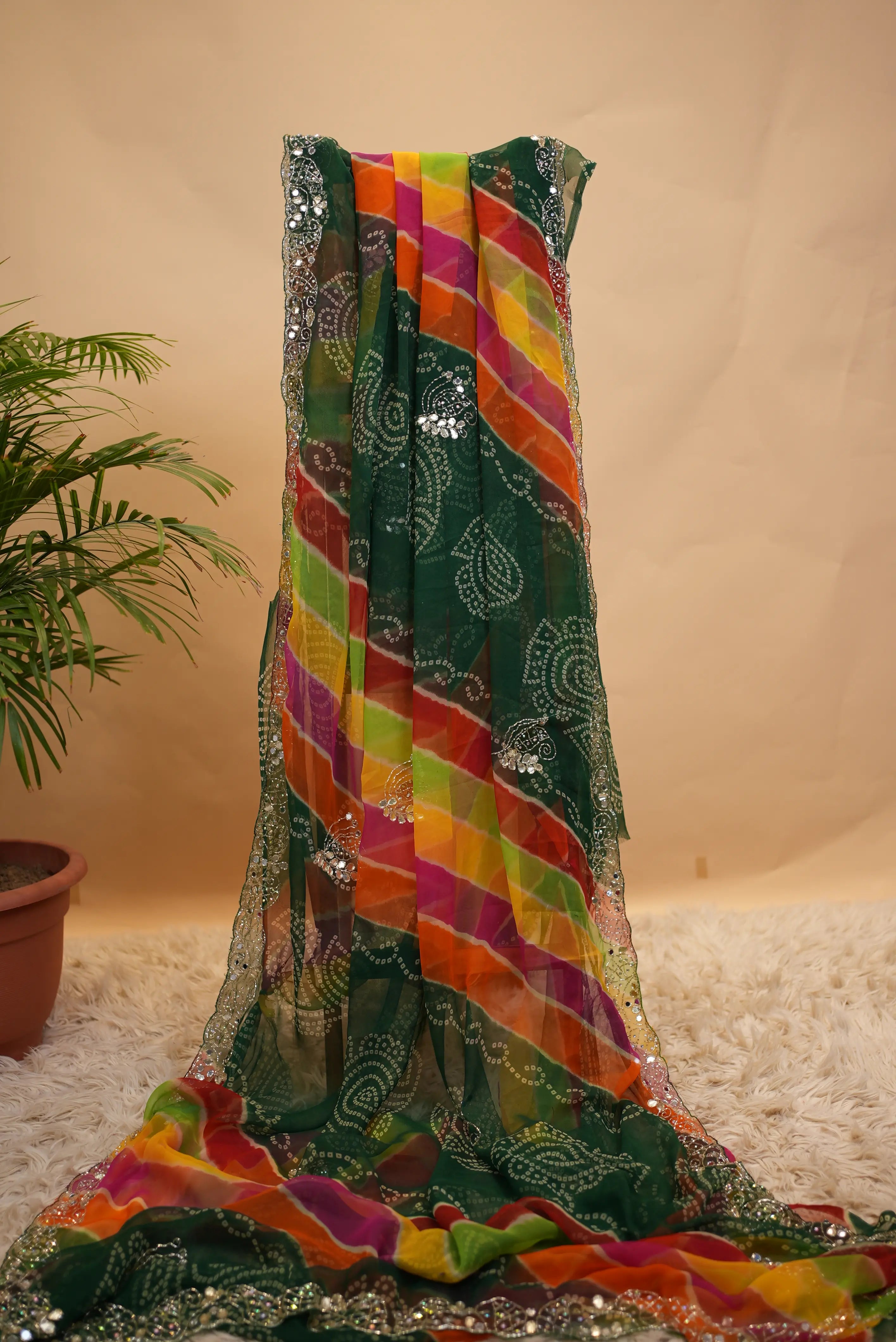 Traditional Rajasthani Leheriya Bandhani Saree With Handwork
