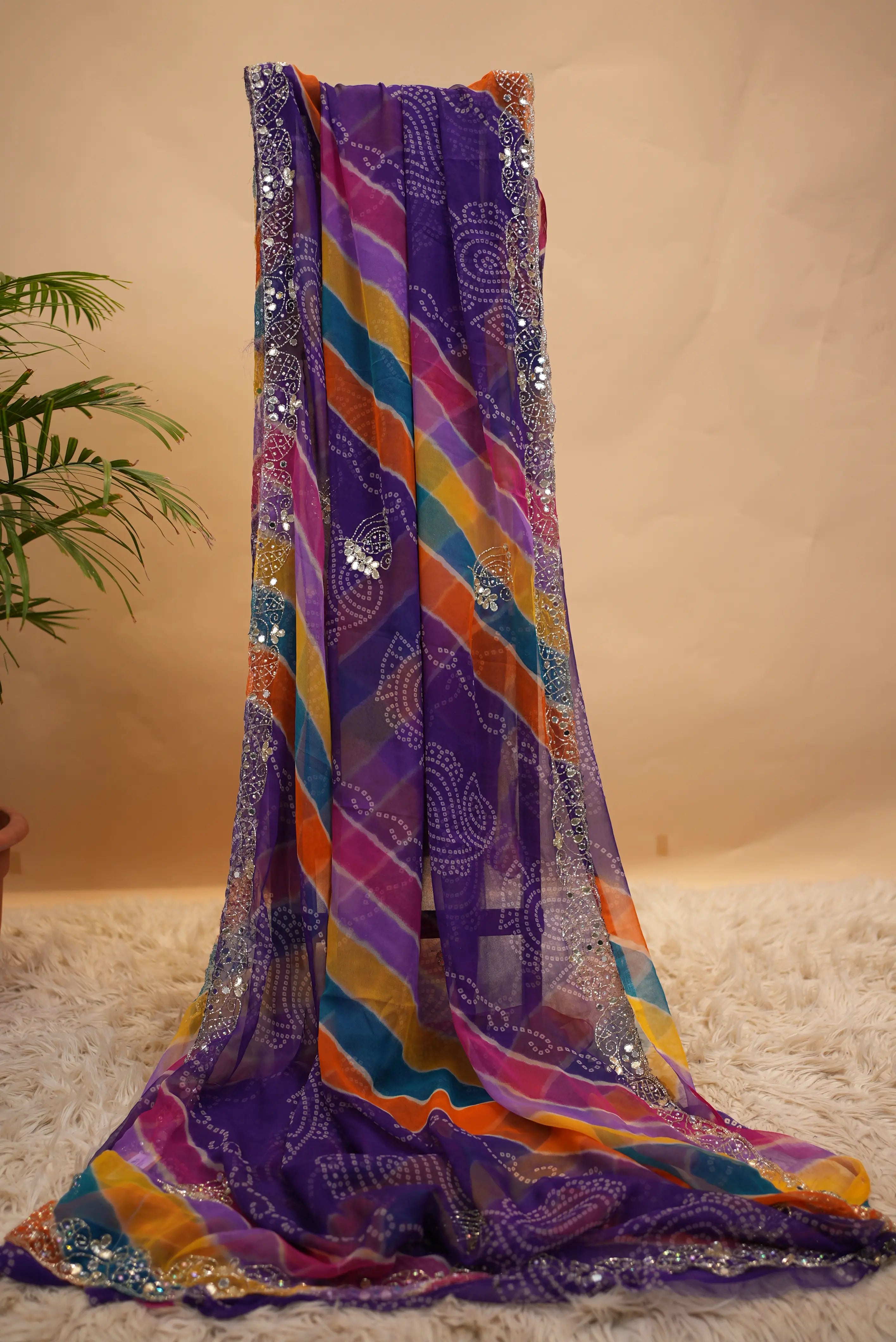 Traditional Rajasthani Leheriya Bandhani Saree With Handwork
