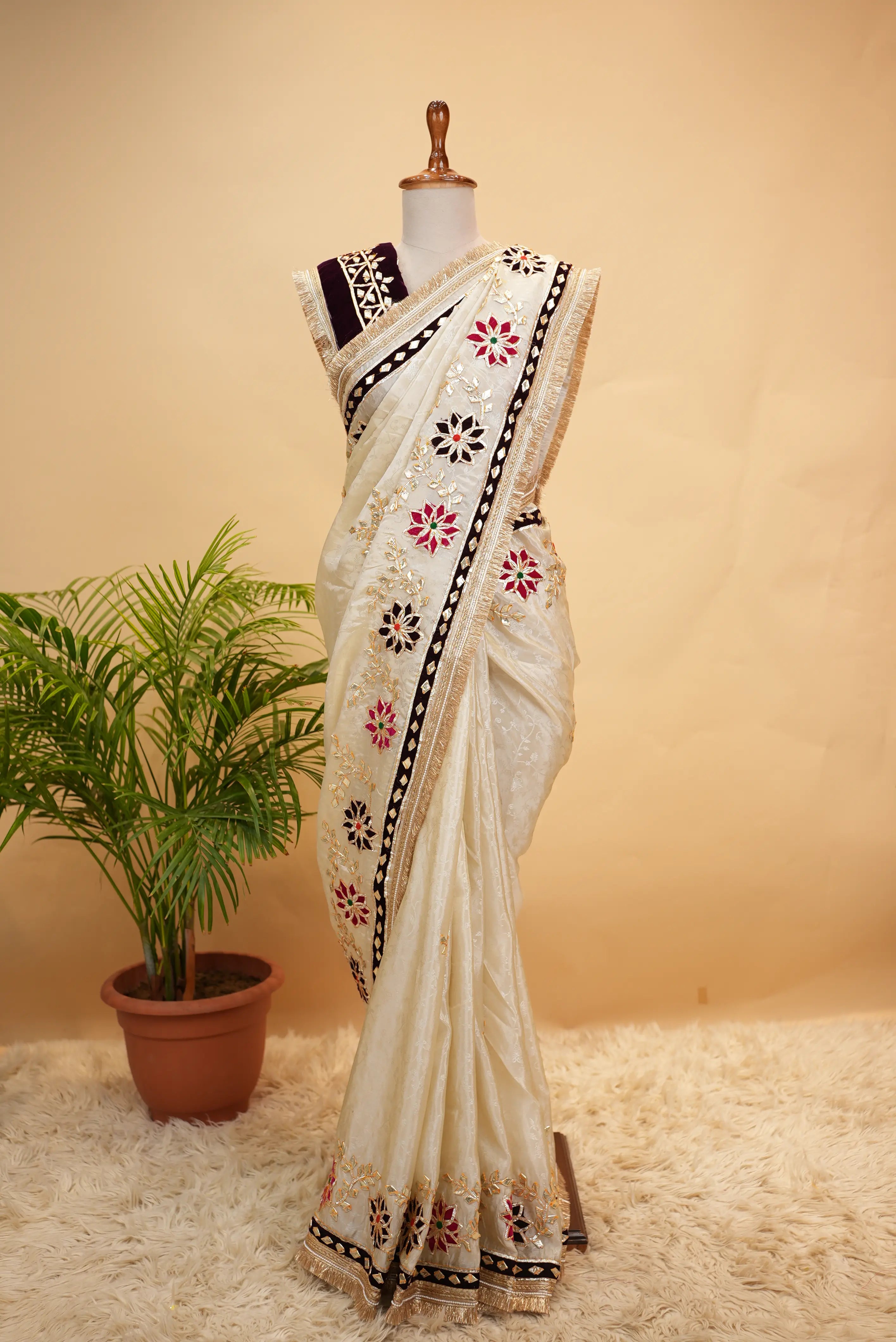 Tissue Silk Fabric Saree with Heavy Pitta Work & Kaccha Gota Border