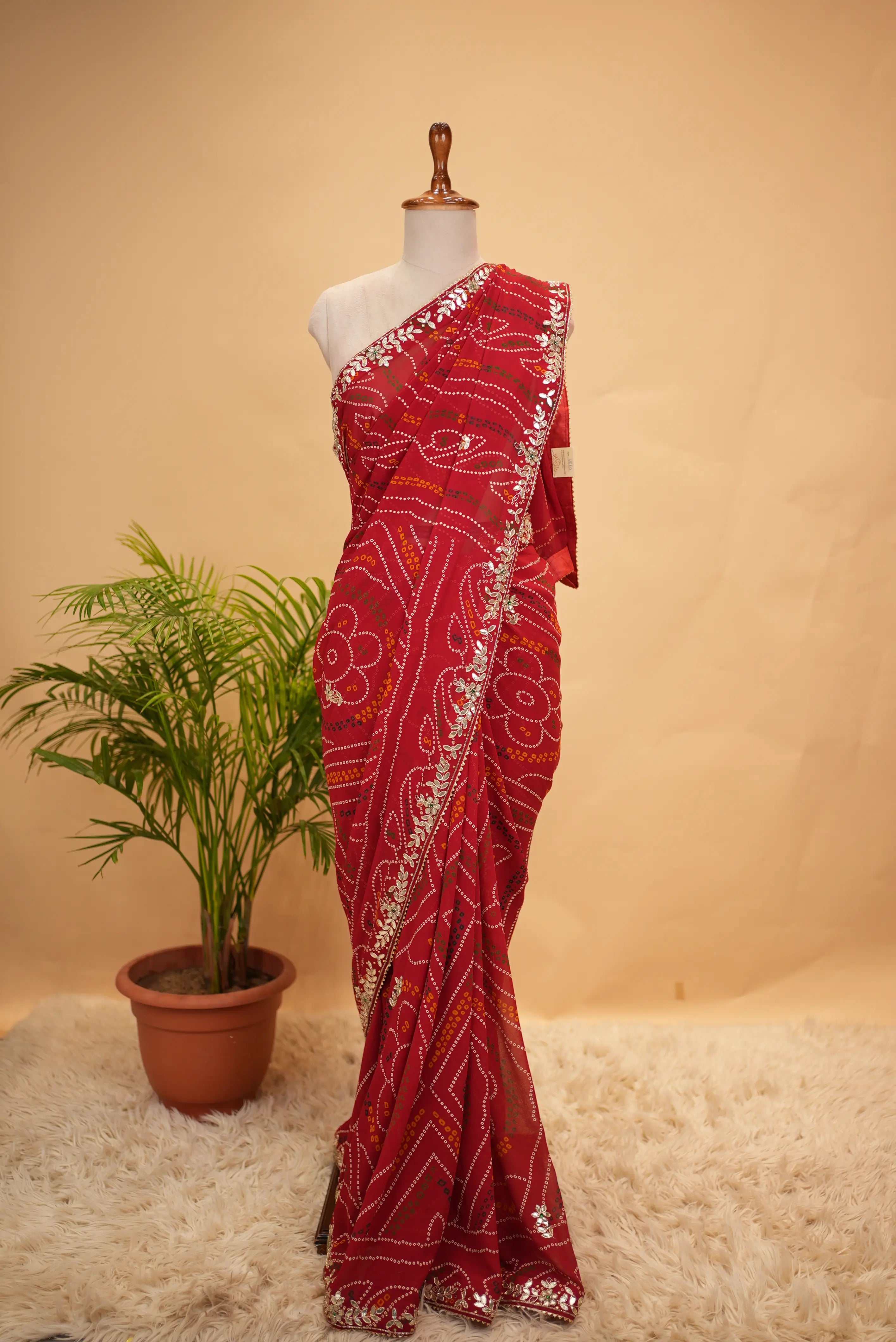 Viscose Georgette Bandhani Saree With Cutdana Handwork (With Blouse)