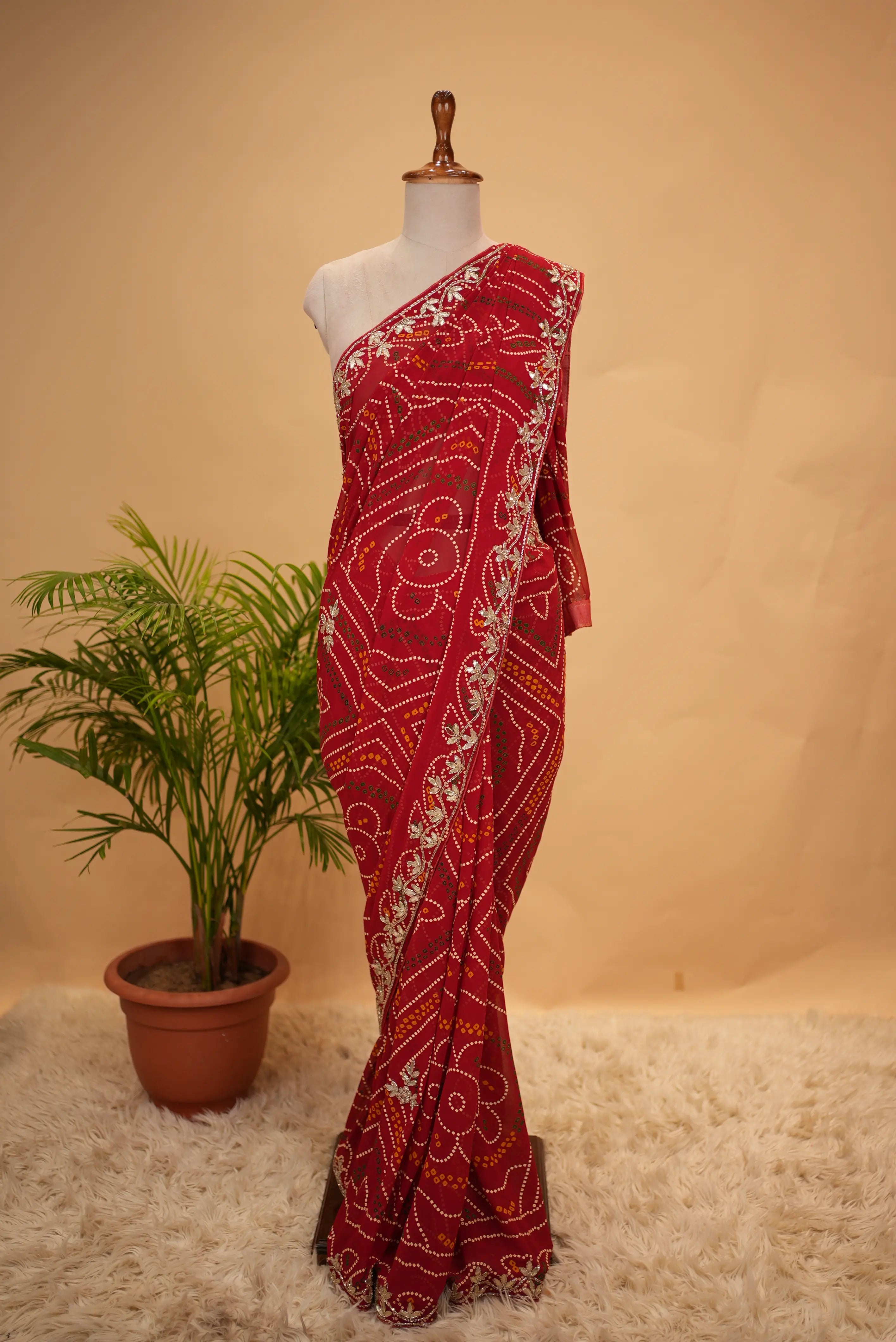 Viscose Georgette Bandhani Saree With Cutdana Handwork (With Blouse)