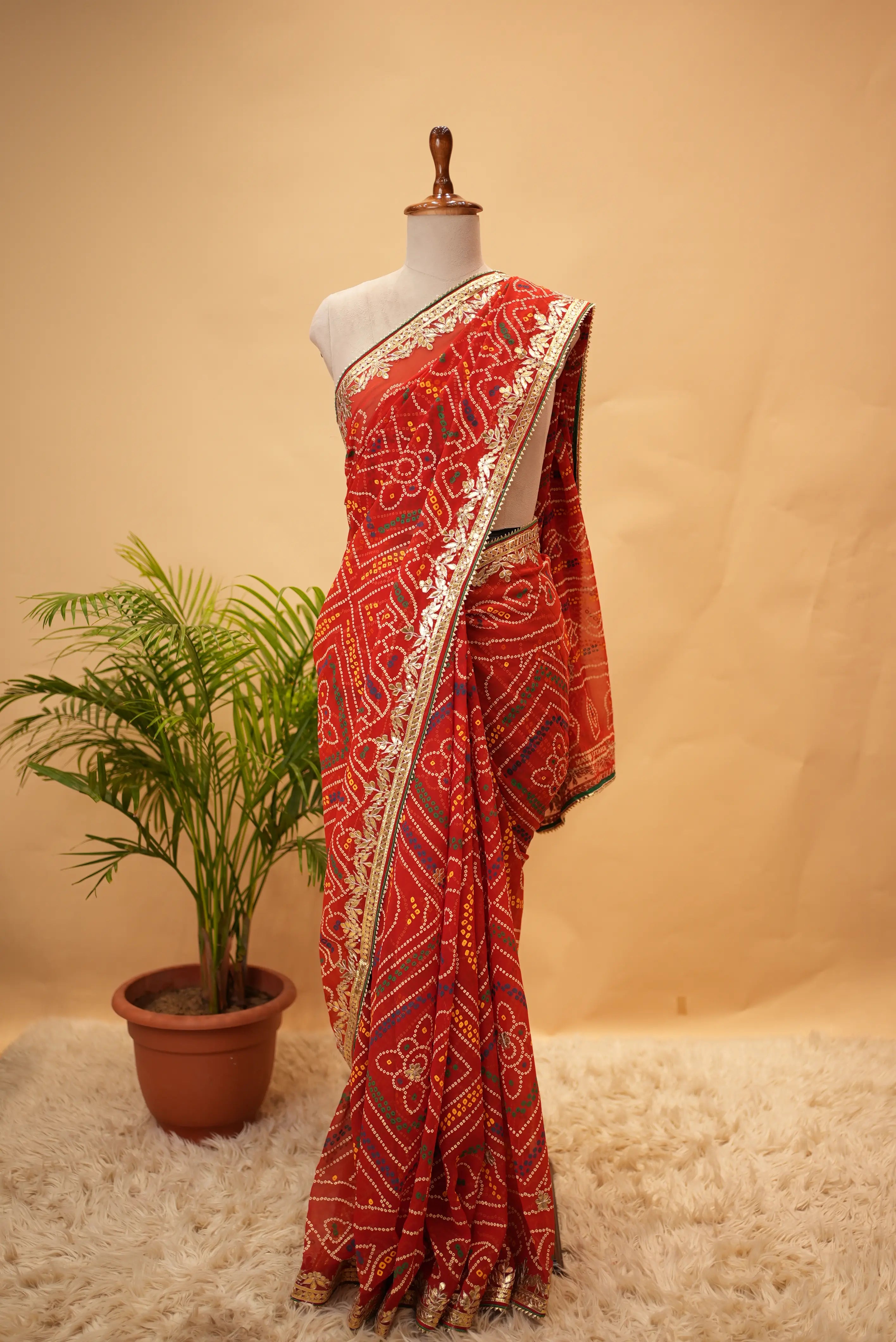Viscose Georgette Bandhani Saree With Cutdana Handwork (With Blouse)