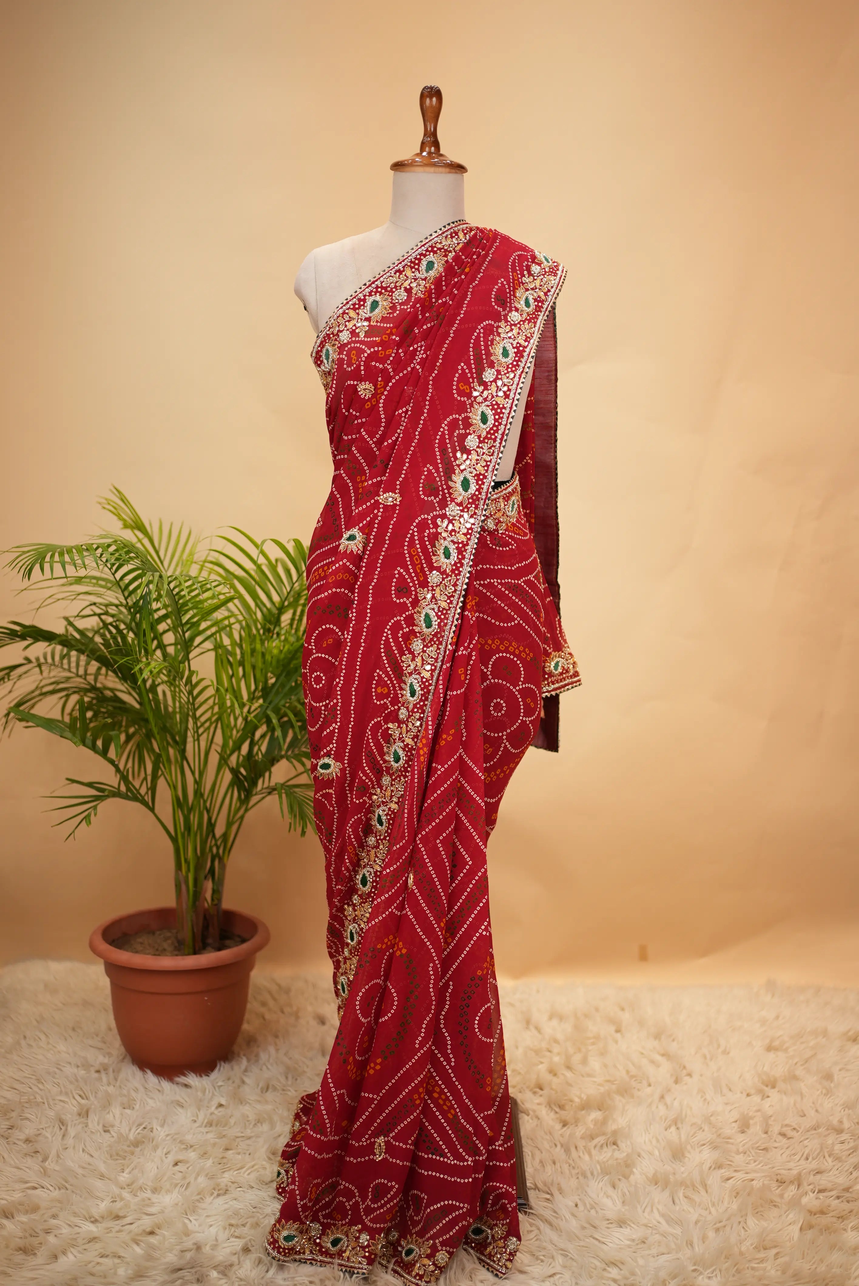 Viscose Georgette Bandhani Saree With Cutdana Handwork (With Blouse)