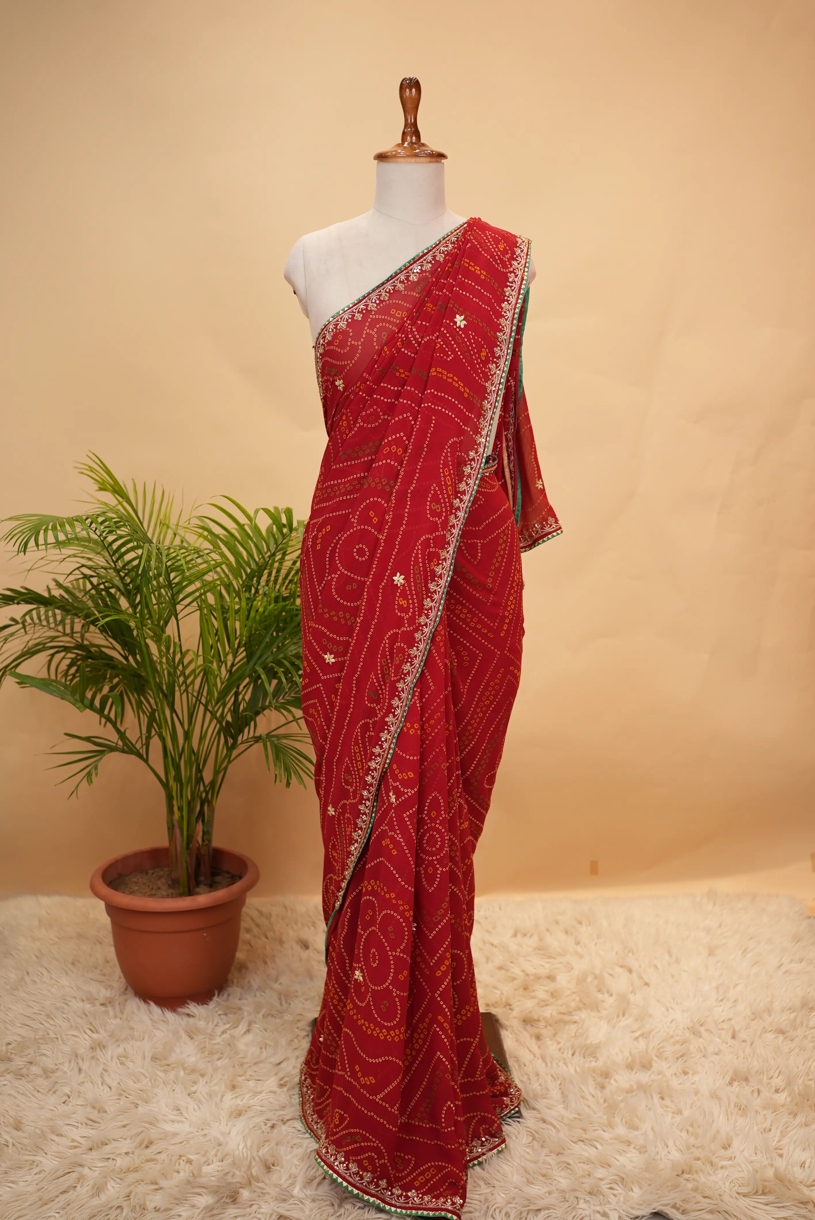Viscose Georgette Bandhani Saree With Cutdana Handwork (With Blouse)