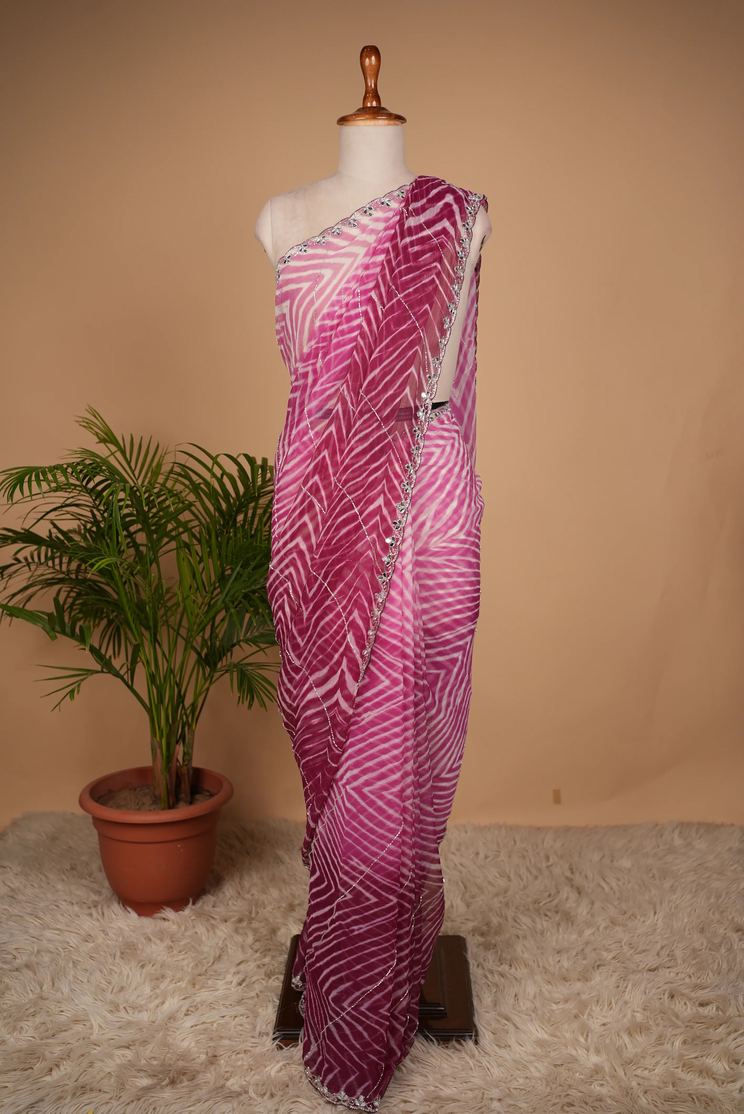 Premium Chiffon Leheriya Saree with Cut Dana & Mirror Work Border (With Blouse)