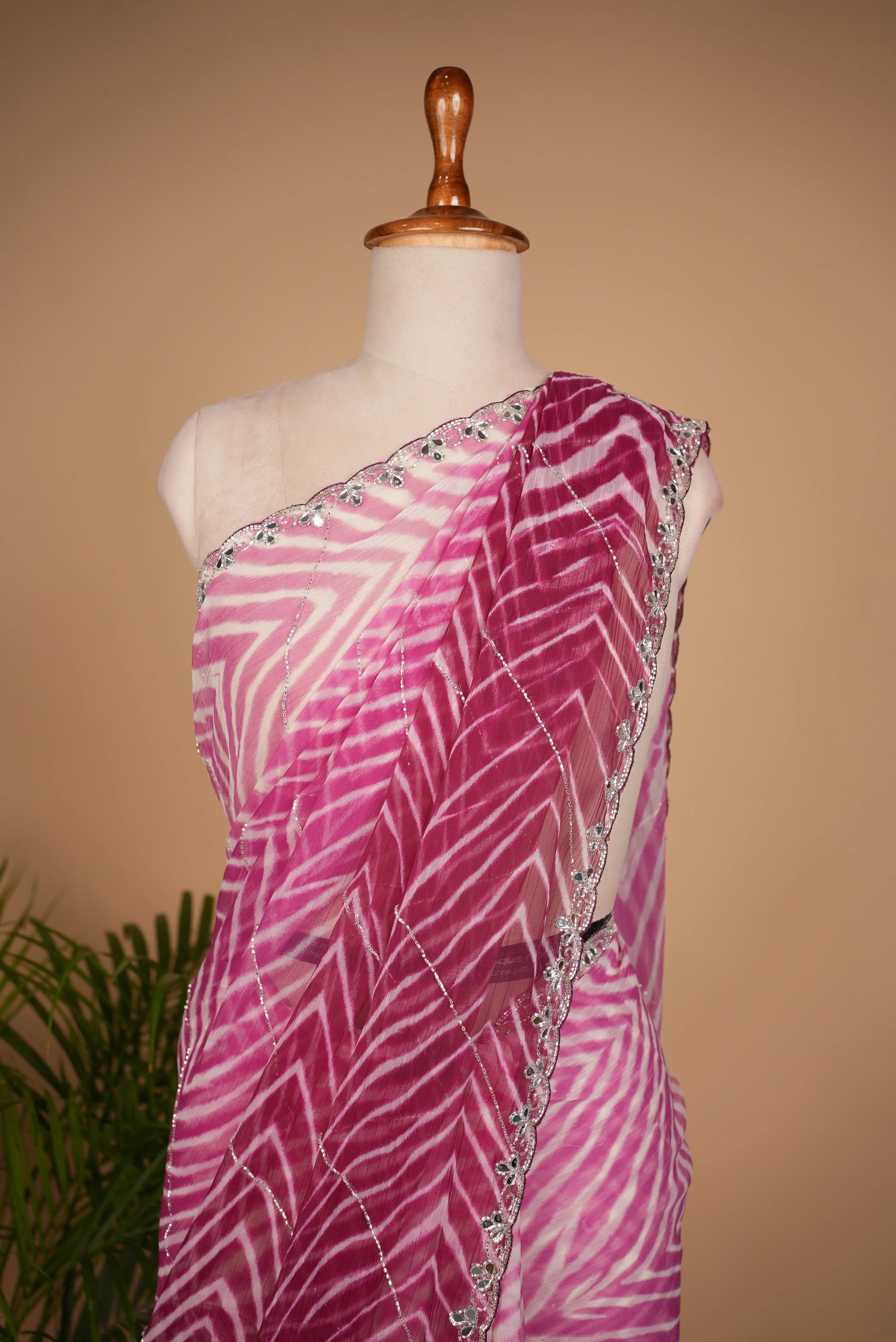 Premium Chiffon Leheriya Saree with Cut Dana & Mirror Work Border (With Blouse)