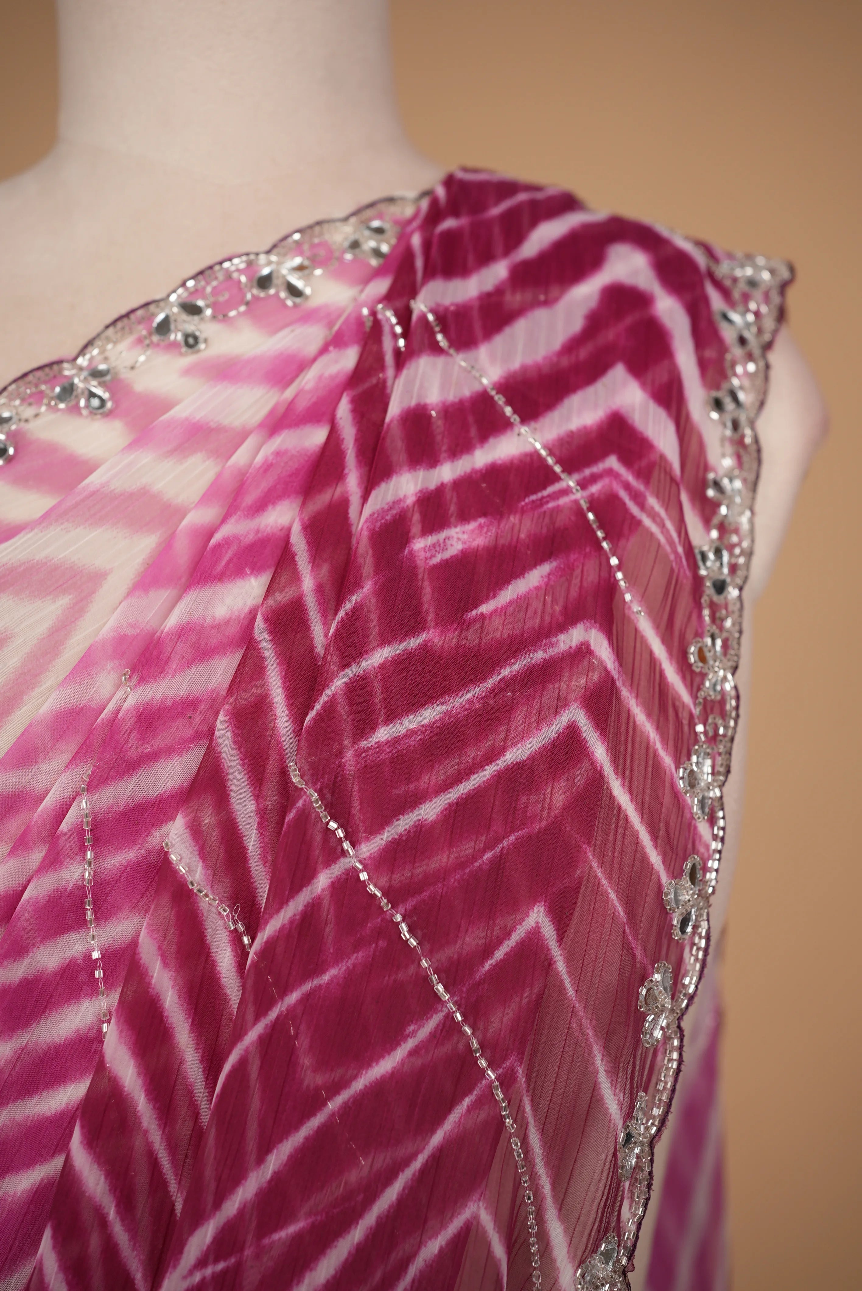 Premium Chiffon Leheriya Saree with Cut Dana & Mirror Work Border (With Blouse)