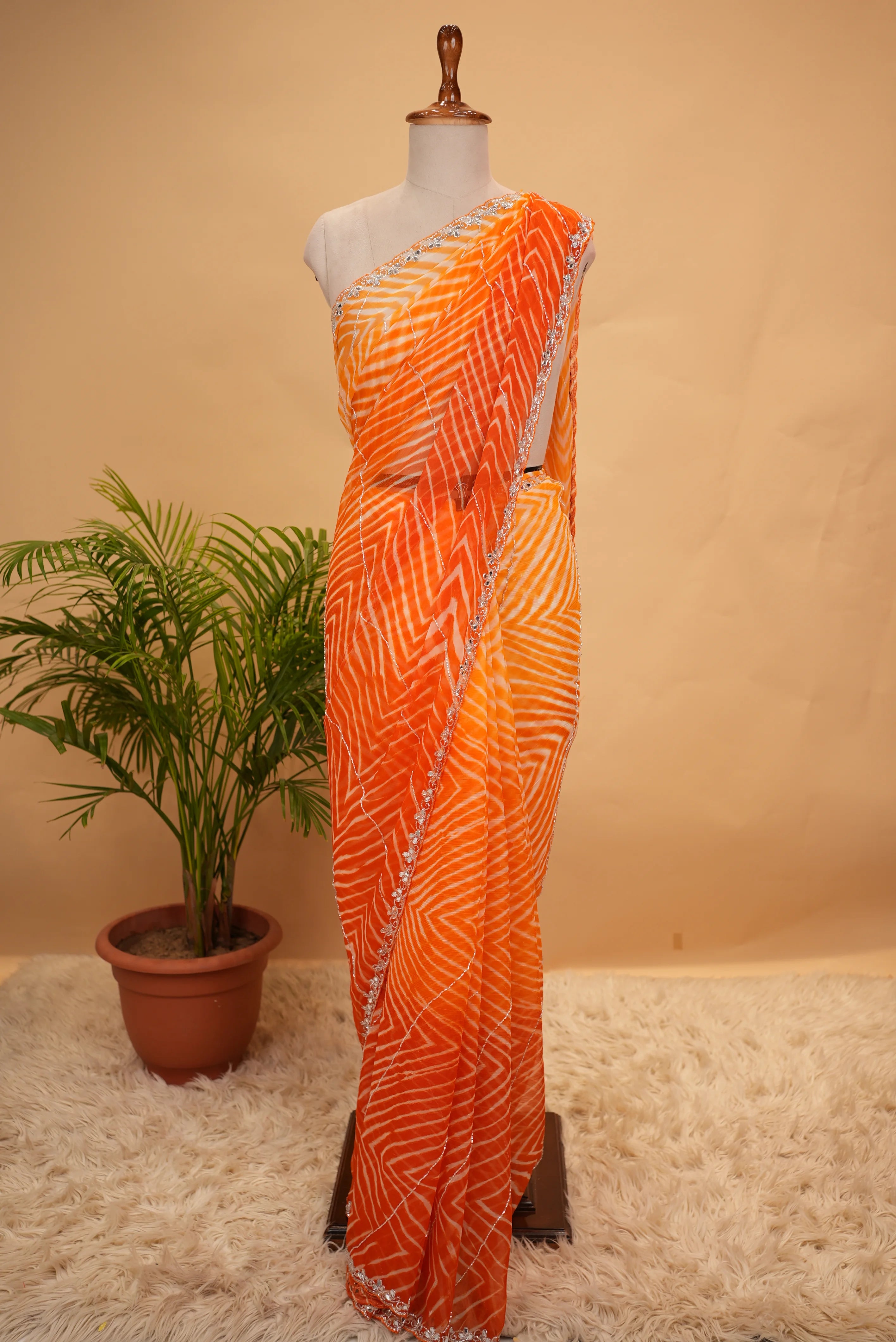 Premium Chiffon Leheriya Saree with Cut Dana & Mirror Work Border (With Blouse)