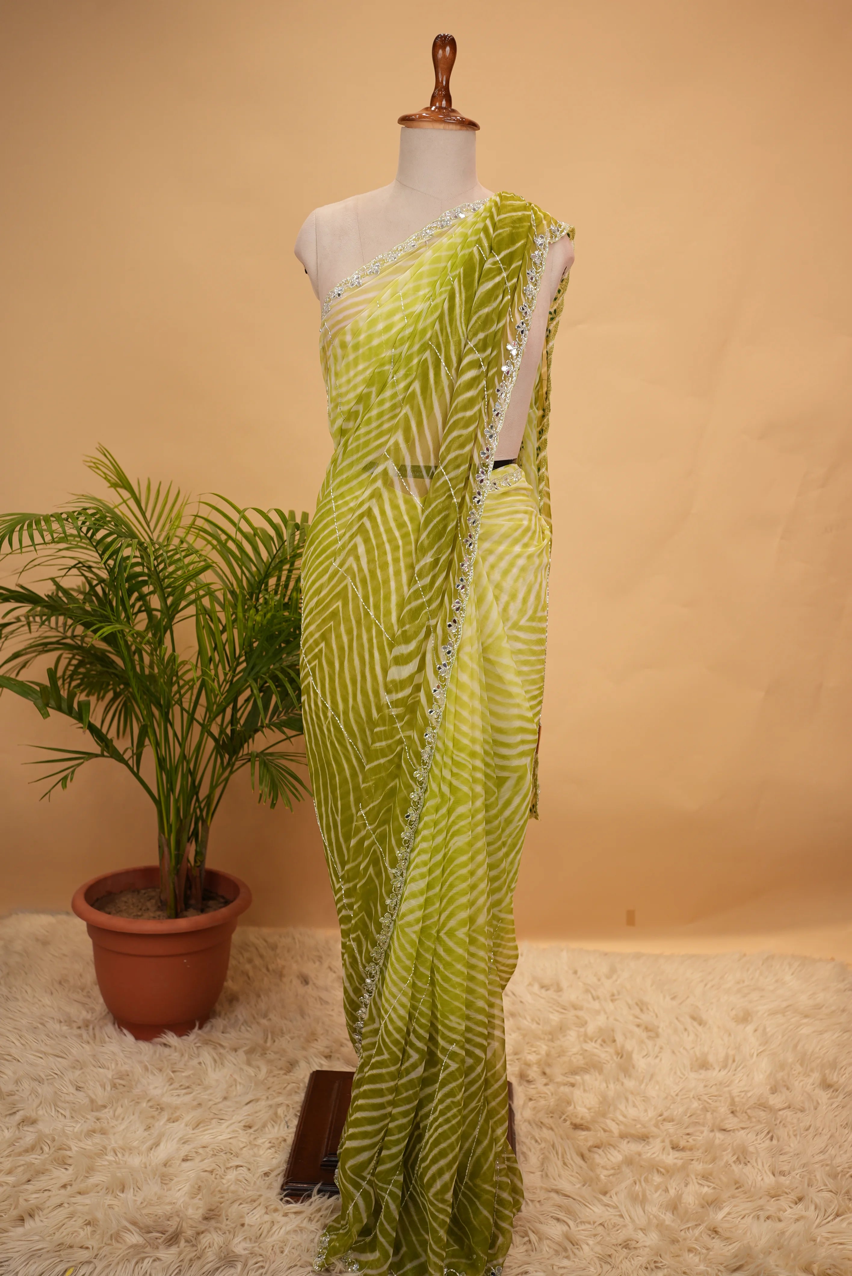 Premium Chiffon Leheriya Saree with Cut Dana & Mirror Work Border (With Blouse)