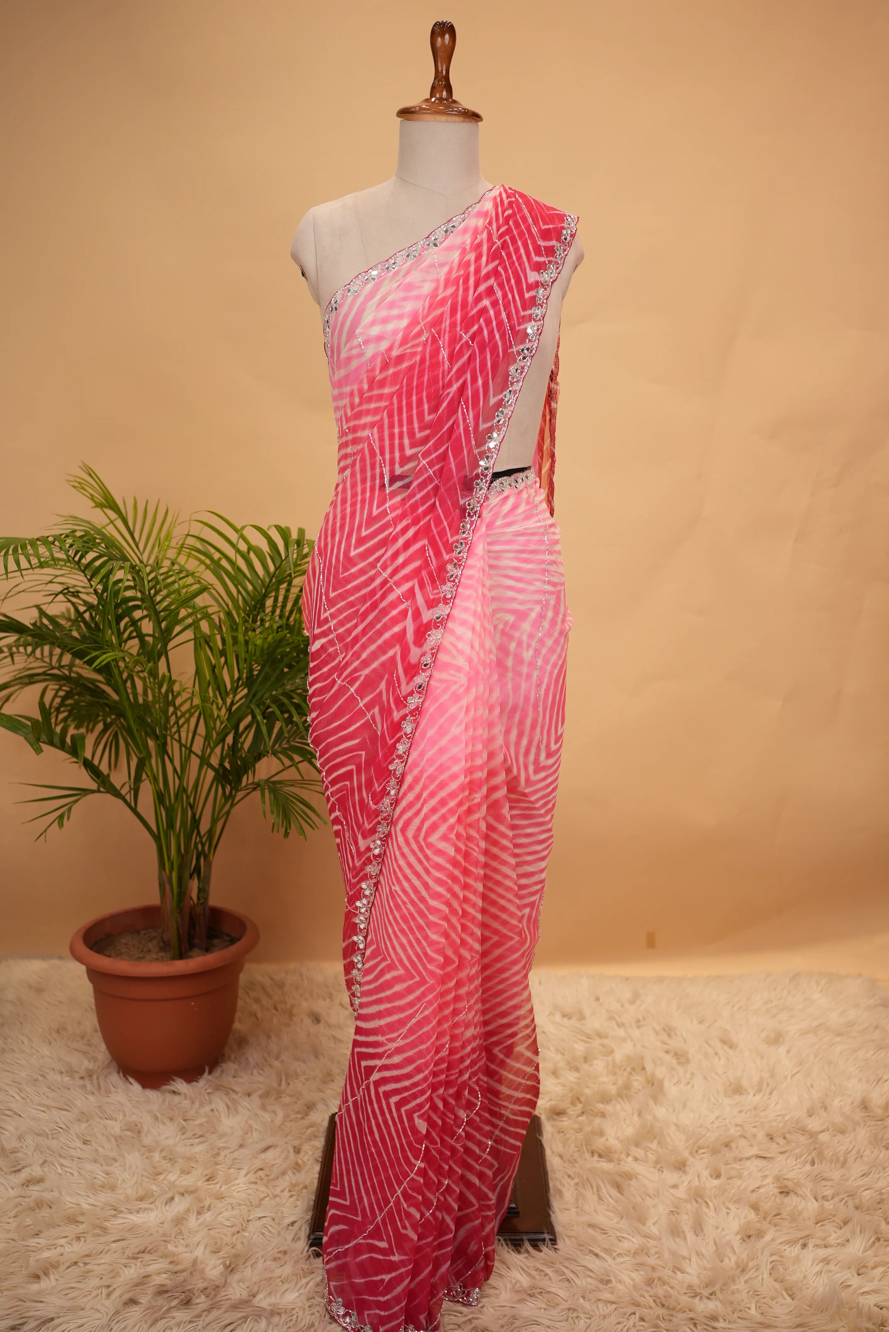 Premium Chiffon Leheriya Saree with Cut Dana & Mirror Work Border (With Blouse)