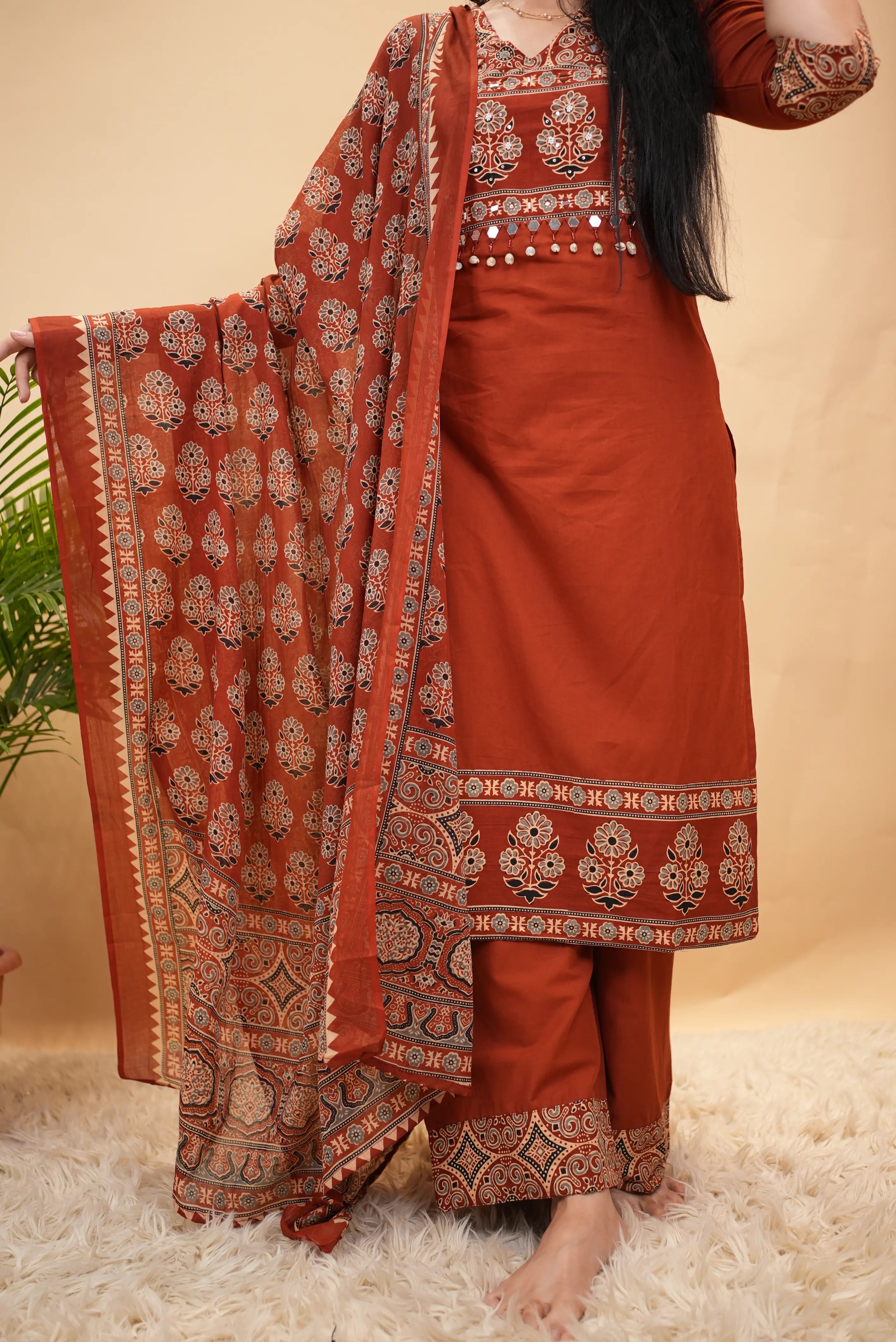 Sanganeri Print Mirror Work Palazzo Style 3-Piece Suit Set