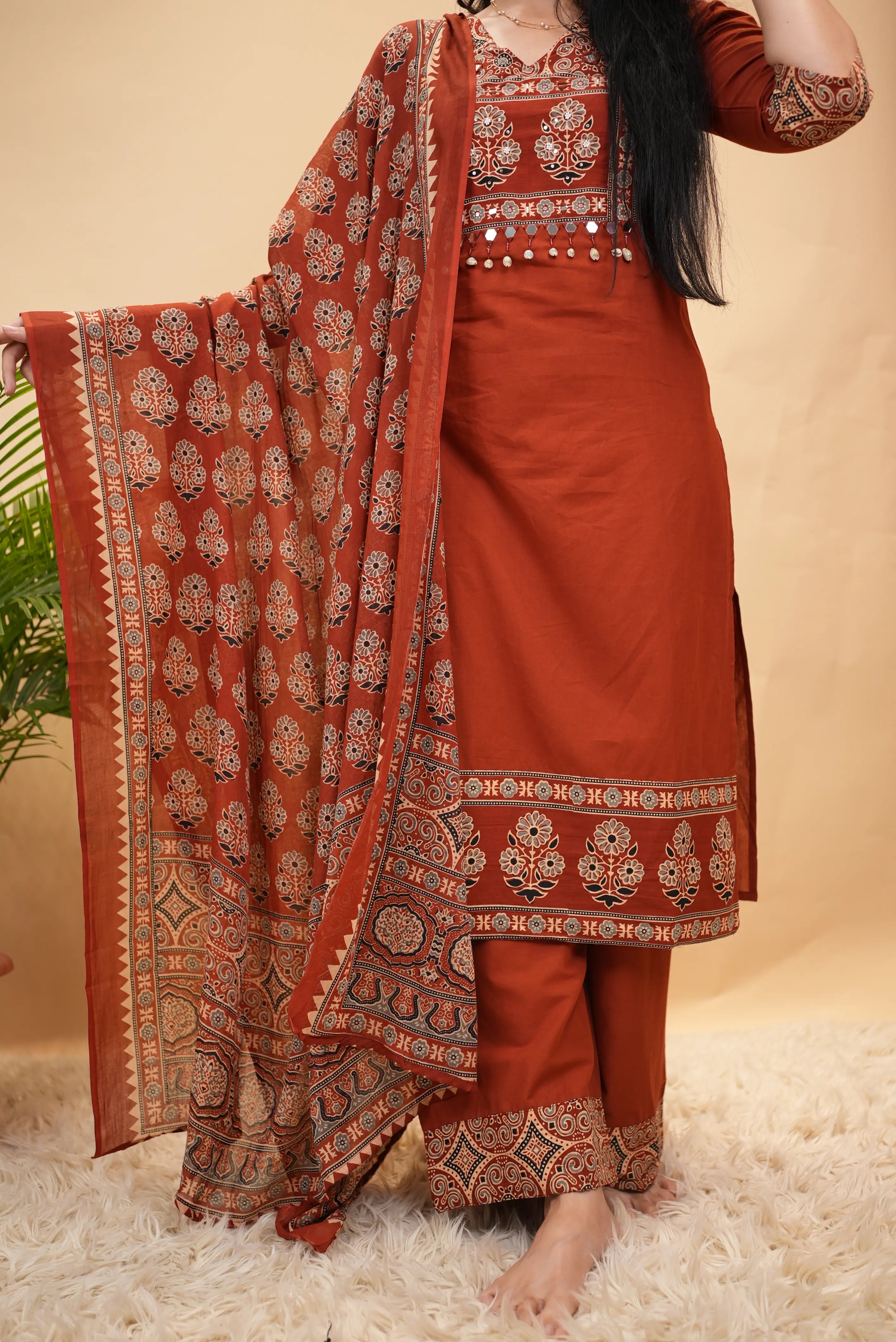 Sanganeri Print Mirror Work Palazzo Style 3-Piece Suit Set